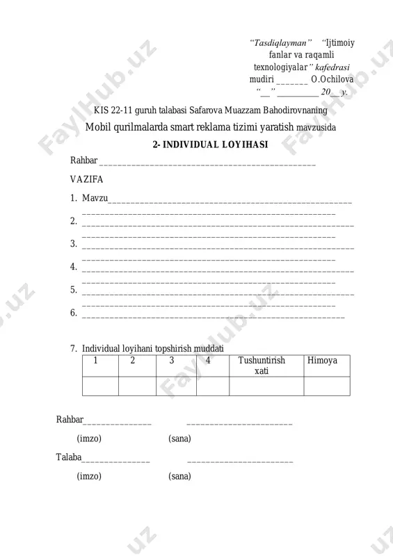 iha ga t a q r i z 1. ishning mazmuni. __________________________________________ _______________________________________________________ 2. ishning bo`limlariga tavsif ___________________________________ _________________________________________________________ 3. ishning ijobiy tomonlari _____________________________________ _______________________________________________________ 4. ishning salbiy tomonlari _____________________________________ _______________________________________________________ xulosalar ________________________________________________ _______________________________________________________ taqrizchi ________________________________________________ _______________________________________________________ (imzo, familiyasi, ismi, sharifi) “___” ______________ 20__ yil 1 mavzu: elektron tijorat uchun maxsulot tavsiya tizimi munadarija kirish………………………………………………………………………..…….... 2 i bob. smart reklama tizimining nazariy asoslari 1.1.§ smart reklama tushunchasi va uning rivojlanish tarixi ….…………………….....4 1.2.§ mobil qurilmalar va foydalanuvchi xatti-harakatlarini tahlil qilish........................8 1.3.§ personalizatsiya va sun’iy intellekt yordamida reklama samaradorligini oshirish.........11 ii bob. smart reklama tizimini yaratish va amaliy jarayon 2.1. § foydalaniladigan texnologiyalar (firebase, google ads api, python, flutter, va boshqalar) …………………………………….………………….…………….………15 2.2.§ ma’lumotlarni yig‘ish, tahlil qilish va foydalanuvchi profilingini yaratish …..……....20 2.3.§ reklama tavsiyalarini shakllantirish va mobil ilovaga integratsiya qilish ……….…...23 iii bob. loyiha natijalari va uning samaradorligi 3.1.§ yaratilgan tizimning ishlash prinsipi va namoyishi ……………………..……....25 3.2.§ samaradorlik tahlili: ctr, …