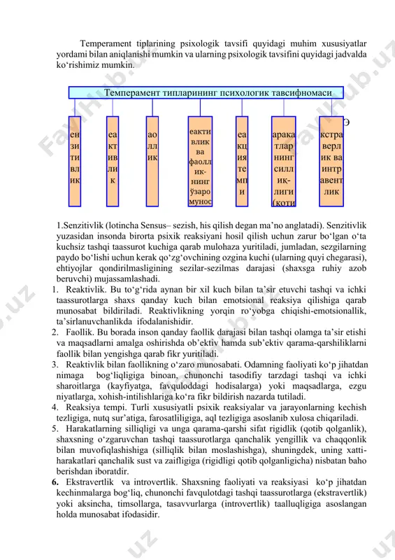 entning tipologiyasi mobodo insonlar temperamentlari bo‘yicha qiyoslansa, u holda uning xususiyatlari jihatidan o‘zaro o‘xshash shaxslarning guruhi mavjudligi namoyon bo‘ladi. bu asnoda eramizdan oldingi davrda ham temperament tiplari to‘g‘risida materiallar to‘plangan. i.p. pavlov ta’limoti bo‘yicha nerv sistemasi tiplarining va gippkrat ta’limoti bo‘yicha temperamentning o‘zaro munosabatlari temperament tiplari nerv sistemasining kuchi nerv tizimining muvozanati nerv tizimining ildamligi xolerik kuchli jo‘shqin muvozanatsiz qizg‘in serharakat sangvinik kuchli serharakat muvozanatli serharakat flegmatik kuchli vazmin muvozanatli inert (sust) melanxolik kuchsiz muvozanatsiz tormozli serharakat yoki inert ularda temperament tipi deyilganda, insonlarning muayyan guruhlarini tavsiflovchi psixik xususiyatlarning yig‘indisi (majmuasi) tushuniladi. hozirgi davrda temperament tipi deganda, ma’lum insonlar guruhi uchun umumiy bo‘lgan xususiyatlarning sodda majmuasi emas, balki mazkur xususiyatlarning qonuniy, zaruriy o‘zaro bog‘liqligi tushuniladi. temperament tipini tavsiflovchi xususiyatlarning qonuniy tarzda o‘zaro bog‘liqligi turlicha aks etishi mumkin. nerv sistemasi va temperamentning bog‘liqligi nerv tizimining turlari kuchli kuchsiz jonli inert nerv jarayonlari xususiyatlari kuch vazminlik harakatlanish kuchli harakatlanish kuchli harakatlanish kuchli …