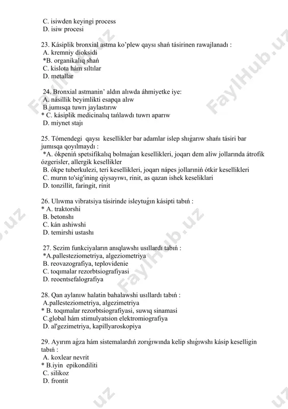 miografiya d. al'gezimetriya, kapillyaroskopiya 29. ayırım aǵza hám sistemalardıń zorıǵıwında kelip shıǵıwshı kásip keselligin tabıń : a. koxlear nevrit * b.iyin epikondiliti c. silikoz d. frontit 30. qaysı islep shıǵarıw processlerinde sınaptan sozılmalı záhárleniw baqlanadı : * a. termometr, manometr, rentgen trubkalarini islep shıǵarıw b. boyawlar islep shıǵarıw c.polat islep shıǵarıw d. lampalar islep shıǵarıw 31. qaysı elementler neyrotrop tásirli organikalıq eritiwshilerge kiredi: * a. atseton, benzin b. dixloretan, ksilol c. xloroform, toluol d. xlorlangan uglevodorodlar 32. fosfororganik pestitsidlardan ótkir za’ha’rleniwde gúzetiletuǵın tiykarǵı simptomlardı kórsetiń: a. ko'ngil aynashi, ataksiya b. behollik, depressiya * c. mioz, miofibrillyatsiyalar d.gipertermiya, depressiya 33. pnevmokoniozlardin’ diagnostikasında qollanılatuǵın tıykarg’i usıl : * a. ókpe rentgenografiyasi b. bronxografiya c. fonokardiografiya d. flyurografiya 34. ruwxiy ózgeriwler, dspressiya, ólimnen qorqıw o’zin kesel dep esaplaw qaysı sindromga tán: a. astenik b. asteno-nevrotik * c. ipoxondrik d. asteno-organikalıq 35. dispanserizatsiyanin’ maqsetin kórsetiń: a. mayıplardı anıqlaw b. miynet qábiletin joǵalitqanliq payızın anıqlaw …