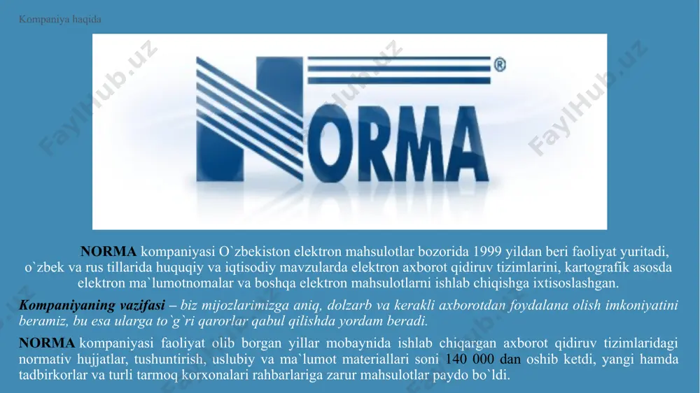 ron xaritasi bilan www.mg.uz sayti. yuqori malakali mutaxassislar– buxgalteriya, soliq solish, mehnat va bojxona to`g`risidagi qonun hujjatlari masalalari yuzasidan ekspertlarning maslahatlari. “bevosita muloqot” telefonlari orqali tezkor javoblar». kompaniyasining afzalliklari: ekspertlar - huquq, buxgalteriya, soliq solish, bojxona ishi va mehnat to`g`risidagi qonun hujjatlari sohasida yuqori malakali mutaxassislar jamoasi; it – mutaxassislar – mavjud dasturiy ma`lumotlarni ta`minlash va doimo yangilab borish, shuningdek yangilarini ishlab chiqish ustida ishlaydigan professional dasturchilar guruhi; servis menejerlar – ishlab chiqilgan, shu jumladan “bevosita muloqot” rejimidagi, dasturiy mahsulotlarni o`rnatish, yangilashni ta`minlaydigan va ulardan foydalanish masalalari bo`yicha texnik maslahatlar beradigan menejerlar jamoasi; voqealar va qonun hujjatlaridagi o`zgarishlarni kuzatib boradigan hamda dolzarb va juda zarur mavzularda materiallar tayyorlaydigan jurnalistlar va sharhlovchilar; bosma mahsulot – davriy matbuot, uslubiy qo`llanmalar, kitoblar, risolalar va boshqa nashrlarni tayyorlashda o`z hissasini qo`shadigan matbuot xodimlari; mahsulot tarqatish tarmog`i va elektron hamda bosma mahsulotlarga doir; narxlarni belgilash va doimiy mijozlarga chegirmalar berish bo`yicha maslahatlar berishga tayyor sotish …