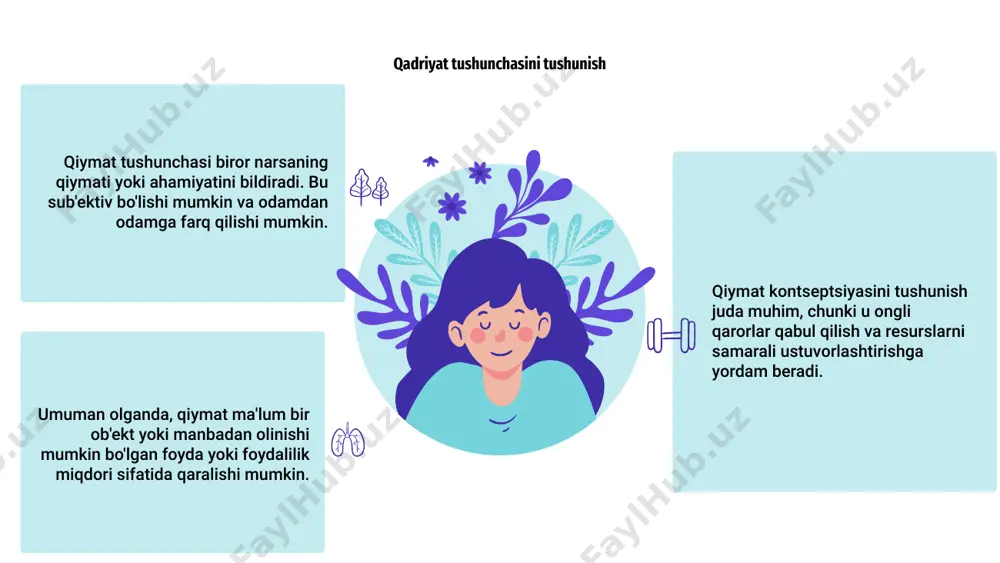 ki maqsad bilan bog'liq bo'lgan narsaning ahamiyati yoki qiymatini o'z ichiga oladi. bu sub'ektiv va dinamik tushuncha bo'lib, u individual nuqtai nazar va sharoitlarga qarab o'zgarishi mumkin. qiymat deganda biror narsaning umumiy ahamiyati yoki foydaliligiga hissa qo'shadigan asosiy tamoyillar yoki fazilatlar sifatida tushunish mumkin. bu amaliylik, maqsadga muvofiqlik, ehtiyoj va istaklarni qondirish kabi omillarni hisobga olishni o'z ichiga oladi. kengroq ma'noda, qiymatni iqtisodiy qiymat, ijtimoiy qiymat yoki shaxsiy qiymat nuqtai nazaridan bo'lsin, biror narsa taqdim etadigan ta'sir yoki foydaning o'lchovi sifatida ko'rish mumkin. e’tiboringiz uchun rahmat