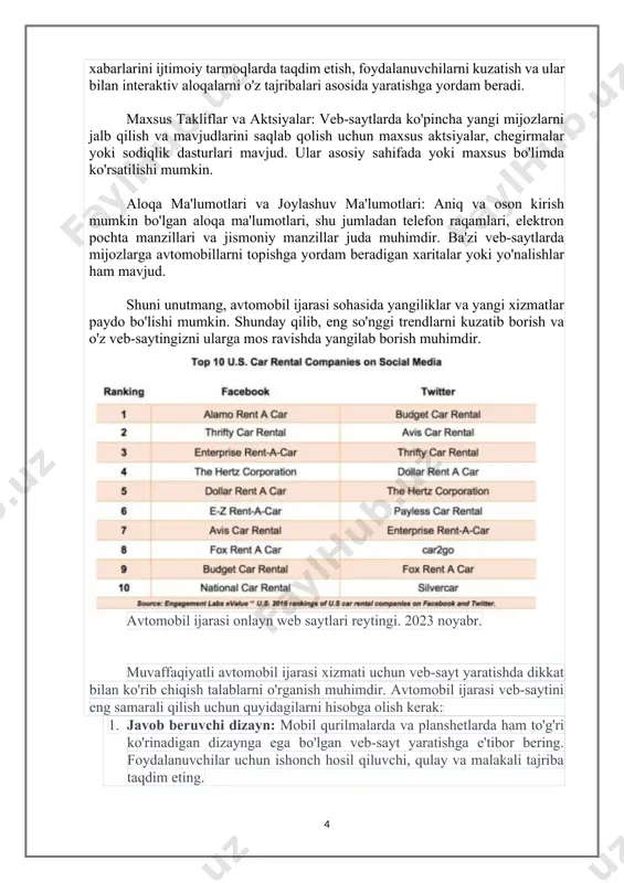 qilish uchun veb-saytingizni ijtimoiy media profiliga bog'lang. 10. virtual sayohatlar: potentsial mijozlarni avtomobillar bilan tanishish uchun virtual sayohatlarni taklif qiling. bu, sayt ziyoratchilariga saloningizni yaqinroqroq taniyishlariga imkon beradi. 11. mahsulotlar uchun onlayn do'kon: agar saloningiz go'zallik mahsulotlarini sotsa, veb-saytingizda onlayn do'kon qo'shishni o'ylab ko'ring. 12. axborot byulleteniga ro'yxatdan o'tish: mijozlarni yangi xizmatlar, reklama aktsiyalari va avtomobil sohasidagi so'nggi yangiliklar haqida xabardor qilish uchun axborot byulleteni uchun elektron pochta manzillarini to'plang. 13. tez-tez so'raladigan savollar bo'limi: mehmonlarga yordam bering va ularning ko'p so'raladigan savollariga tez-tez javob bering. 14. interaktiv xususiyatlar: avtomobil ijarasi veb-saytingizni yanada interaktiv qilish uchun viktorinalar, so'rovlar yoki virtual o'zgarishlar kabi interaktiv elementlarni qo'shing. 15. mahalliy seo optimallashtirish: avtomobil ijarasi sohasida mahalliy qidiruv natijalarida ko'rinadigan bo'lish uchun veb-saytingizni mahalliy seo uchun optimallashtiring. 16. onlayn maslahatlar: potentsial mijozlarni avtomobil ijarasi xizmatlari yoki avtomobil terini parvarish qilish tartiblariga muhokama qilish uchun onlayn maslahatlar variantini taqdim eting. 17. uchrashuv haqida eslatmalar: mijozlarni …