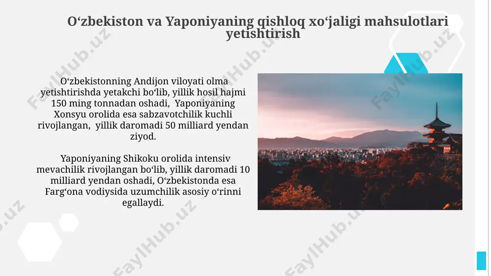 kyoto shaharlarida ilgʻor texnologiyalarni qoʻllash darajasi farq qiladi. oʻzbekistonda it sohasi yillik oʻsish sur’ati 2022 yilda taxminan 15% ni tashkil etdi, yaponiyada esa bu koʻrsatkich 5% atrofida boʻlib, toshkent va tokio shaharlarida yuqori texnologiyalar markazlari faol rivojlanmoqda. oʻzbekiston va yaponiyaning sanoat ishlab chiqarishi toshkent viloyati oʻzbekistondagi eng yirik sanoat markazlaridan biri boʻlib, uning ulushi respublika umumiy sanoat ishlab chiqarishining 25% dan ko'prog'ini tashkil etadi, yaponiyaning esa aichi prefekturasi avtomobilsozlik sanoati bilan mashhur. oʻzbekistonning sanoat ishlab chiqarish hajmi 2022 yilda 100 milliard aqsh dollaridan oshgan boʻlsa, yaponiya iqtisodiyoti esa 2022 yilda 4 trillion aqsh dollaridan ortiq sanoat mahsulotini ishlab chiqargan. oʻzbekiston va yaponiyaning yaim nisbati 2022-yilda oʻzbekistonning yaim hajmi yaponiyaning yaim hajmidan taxminan 100 baravar kam boʻlgan, bu esa ikki davlat oʻrtasidagi iqtisodiy rivojlanish darajasidagi sezilarli farqni koʻrsatadi. oʻzbekistonning yaim oʻsish sur'ati yaponiyaga nisbatan yuqoriroq boʻlsa-da, mutlaq qiymat jihatdan yaponiya oʻzbekistondan ancha oldinda, tokioning yaim hajmi toshkentnikidan ancha yuqori. oʻzbekiston va …