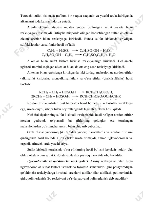 ish (bu reaksiyani ba`гida payvand polimerlanish deb ataydilar). alkilaromatik uglevodorodlarning hosil bo`lishi sulfat kislota nordon efirlarining aromatik birikmalar bilan o`гaro ta`sirlashishining natijasidir: polimerlanganda alkenlar dimer, trimer va tetramerlarning hosil bo`lishi bilan zichlashadi, bu moddalar tozalangan mahsulotda erib uning rangini yomonlashtiradi. alkenlarning sulfat kislota bilan reaksiyasi odatdagiday karbkation mexanizm bilan boradi. oltingugurt saqlagan birikmalarning reaksiyalari. vodorod sulfid elementar oltingugurt va oltingugurt (iv) - oksid hosil qilish bilan oksidlanadi: oltingugurt toгalanayotgan mahsulotda eriydi, so`ngra u uglevodorodlar bilan reaksiyaga kirishib yana vodorod sulfidni hosil qiladi. shuning uchun kislotali tozalashdan oldin vodorod sulfidni tozalanayotgan mahsulotdan chiqarib yuborish kerak. merkaptanlarning sulfat kislota bilan reaksiyasi uch bosqichda boradi, reaksiya mahsulotlari bo`lib sulfat kislotada oson eriydigan disulfidlar va sulfit angidrid hisoblanadi: konsentrlangan sulfat kislotaning tiofenga ta`siri natijasida tiofensulfokislotalar va oltingugurt oksidi hosil bo`ladi. disulfidlar, sulfidlar, tetragidrotiofen va sulfonlar sulfat kislota bilan reaksiyaga kirishmaydi, ammo unda yaxshi eriydi, ayniqsa past haroratda. sulfat kislotaning neft fraksiyalari komponenti bilan boshqa …