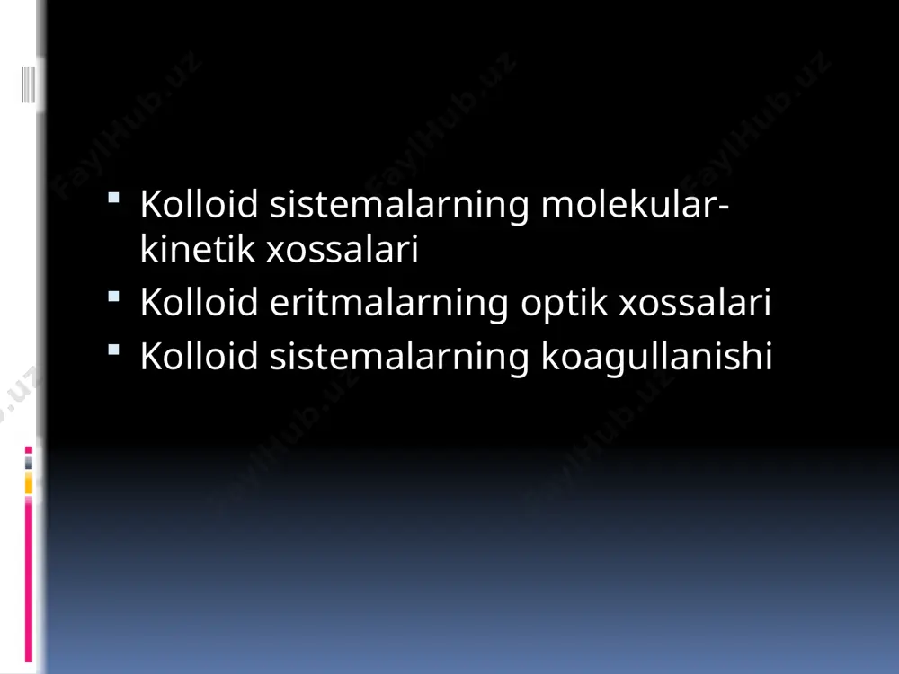 tsella hosil bo‘lishining kritik konsentatsiyasi va solyubilizatsiyalash. ko‘pgina sirt faol moddalar eritmadagi konsentratsiyasiga qarab chin va mitsellyar kolloid eritmalar hosil qilish xususiyatiga ega bo‘ladi. eritmadagi sfm ning mitsella hosil qilish xususiyati uning difilligi bilan bog‘liq bo‘lib, uglevodorod zanjiridagi ch2 - guruxlar soni 4-5 tadan kam bo‘lmagan hollardagina kuzatiladi. mitsella hosil bo‘lish o‘z-o‘zidan amalga oshadigan va qaytar jarayondir. sistema temperaturasi va sfm konsentratsisining o‘zgarilishiga qarab kimyoviy jarayon muvozanatini agregatsiya va dezagregatsiyalash holatlari tomon siljitish mumkin: molekulyar eritma ↔ mitsellyar eritma ↔ gel. sfm larining mitsellyar eritmalari termodinamik jixatdan barqaror sistemalardir. bu eritmalardagi zarrachalarning kattaliklari kolloid disperslik darajalari kabi bo‘lganligi sababli ular liofil disperssistemalar yoki assotsiatsiyalashgan kolloidlar deb ataladi. mitsellyar eritmalarning o‘ziga xos va axamiyatli xususiyatlaridan biri ularning, suvda erimaydigan moddalarni, o‘zida eritishidir. toza erituvchida erimaydigan moddalarning mitsellyar sistemalarda erishiga solyubilizatsiyalash deb ataladi. bunda mitsella tomonidan yutilayotgan modda solyubilizat ,sirt--faol modda esa-- solyubilizator ( solyubillovchi ) deb ataladi. solyubilizatsiyalash natijasida hosil bo‘ladigan …