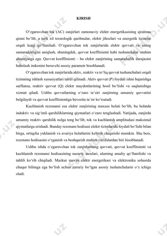 miy tok (dc) zanjirlarida quvvatni aniqlash nisbatan oddiy bo‘lib, u tok va kuchlanishning ko‘paytmasi sifatida aniqlansa, o‘zgaruvchan tok zanjirlarida esa tok va kuchlanishning o‘zgaruvchanligi tufayli quvvatning uchta asosiy turi mavjud: aktiv quvvat, reaktiv quvvat va to‘liq quvvat. aktiv quvvat – bu o‘zgaruvchan tok zanjirida foydali ishni bajarishga sarflanadigan quvvatdir. u elektr energiyasini issiqlik, mexanik ish yoki boshqa foydali energiya shakllariga aylantiradi. aktiv quvvat quyidagi formula orqali aniqlanadi: p=u⋅i⋅cosφ bu yerda: · p – aktiv quvvat (vatt, w); · u – zanjirdagi kuchlanishning o‘rtacha qiymati (volt, v); · i – tokning o‘rtacha qiymati (amper, a); · cosφ – quvvat koeffitsienti (tok va kuchlanish orasidagi faza burchagi kosinusi). aktiv quvvat haqiqiy foydali quvvat bo‘lib, uni o‘lchash uchun vattmetr ishlatiladi. reaktiv quvvat – bu zanjirda energiyaning elektr va magnit maydonlari o‘rtasida uzatilishi natijasida hosil bo‘ladigan quvvatdir. bu quvvat foydali ish bajarmaydi, lekin zanjirda energiya almashinuvini ta’minlaydi. reaktiv quvvat quyidagicha aniqlanadi: q=u⋅i⋅sinφ bu yerda: …