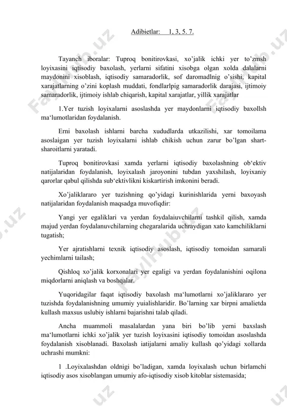yerni baxslash ma‘lumotlarni ichki xo’jalik yer tuzish loyixasini iqtisodiy tomoidan asoslashda foydalanish xisoblanadi. baxolash iatijalarni amaliy kullash qo’yidagi xollarda uchrashi mumkni: 1 .loyixalashdan oldnigi bo’ladigan, xamda loyixalash uchun birlamchi iqtisodiy asos xisoblangan umumiy afo-iqtisodiy xisob kitoblar sistemasida; 2.loyixalash jarayonida, shu bilan birga, texnik iqtisodiy tomoidan taxlil qilishda va loyixalash jarayonidan ajralmagan xolda, maydonlar tashkil qilishning aloxida elementlarni kenglik-xududiy jixatdan baxolashda; 3.tashkiliy-xududiy tuzishni kompleks yechimlarni samaradorlikni baxolashda; 4.ichki xo’jalik yer tuzish loyixasini yaxlit xolda amalga oshirishnig, samaradorligini kompleks baxolashdan iboratdir. bizga ma‘lumki, sug’oriladigan mintaqalar ichki xo’jalik yer tuzish loyixasining muxim tarkibiy qismi bo’lib almashlab ekish maydonlarini tashkil qilish xisoblanadi. bunda asosan dalalarni joylashtirish, ularning soni xamda maydonlarining miqdoriga muxim axamiyat beriladi. sug’oriladigan xo’jaliklarda almashlab ekish dalasi asosiy xududiy birlik xisoblanib, joyning sug’orish sharoiti bilan o’zviy bog’liq bo’lishi zarur. almashlab maydonlarni xududiy joylashishi xamda miqdorlari bir qancha sharoitlarga bog’liq : almashlab ekish massivlarining maydonlari, almashlab ekishda ekinlarning almashish sxemasi va tarkibi, dalalarning …
