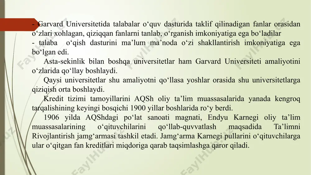 (ishi), shuningdek ta’lim oluvchilarning mustaqil mashg‘ulotlari bo‘yicha haftalik soat yuklamasi va ta’lim oluvchilarning faoliyatini baholash mezonlarini aks ettiradi. ta’lim oluvchilar tomonidan barcha majburiy faoliyat turlari bajarilgandan va ular baholangandan so‘ng kreditlarni to‘plash mumkin. kredit-modul o‘qitish tizimi o‘quv jarayonining quyidagi shakllaridan tashkil topadi: - auditoriya mashg‘ulotlari – ma’ruza, nazariy, amaliy, seminar, laboratoriya mashg‘ulotlari, o‘quv (klinik) amaliyoti; - auditoriyadan tashqari mashg‘ulotlar – ilmiy kutubxonada ishlash, mustaqil ishlar, individual maslahatlar, klinik vazifalar, ishlab chiqarish (malaka) amaliyoti, kurs ishi, bitiruv malakaviy ishi, ta’lim oluvchilarning ilmiy anjumanlarda qatnashishi, magistratura mutaxassisliklarida ilmiy faoliyat turlari va boshqalar. ects (the european credit transfer and accumulation system) – yevropa kredit transfer tizimi. • ects – yevropa kredit transfer tizimi 1989 yilda asos solingan bo‘lib, yevropa davlatlari tomonidan ishlab chiqilgan, tekshirilgan va takomillashtirilgan kreditlarni taqsimlash tizimidir. • ects tizimida talaba olgan bilimining bahosini bir davlatdan (otmdan) ikkinchi davlatga (otmga) erkin ko‘chishini, erishilgan ko‘nikma va malakasini erkin tan olinishini, pirovardida barchasini …