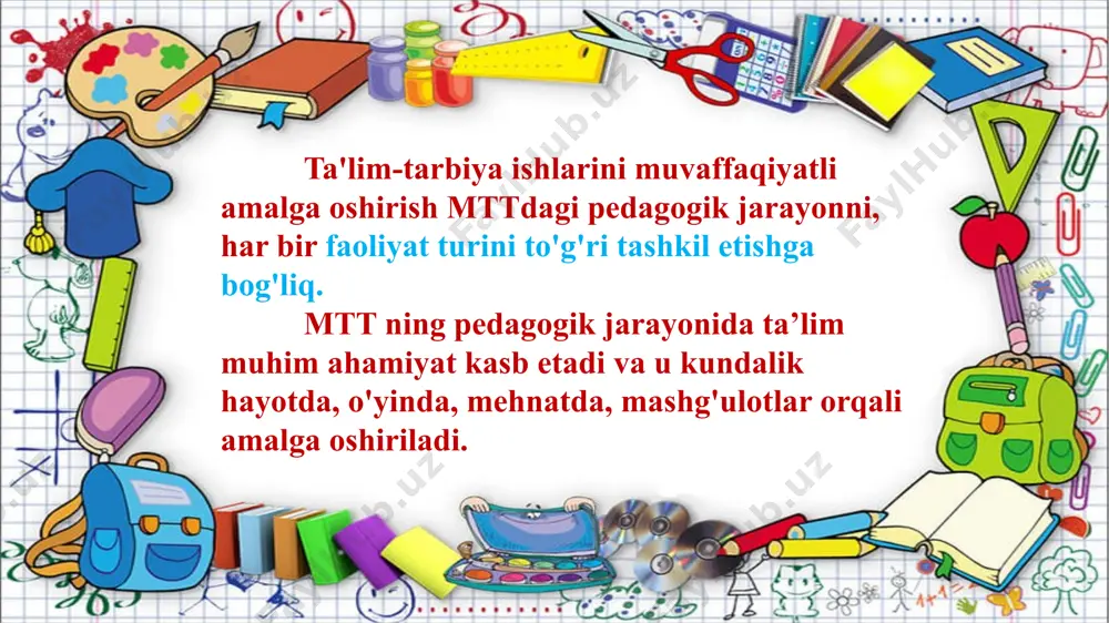 alar hayotini tashkil etish, bolalarning mtmda 9-10 soat bo'lishi kun tartibida belgilab qo'yilgan. bunda ertalabki qabul muhim rol o'ynaydi. tarbiyachi bolalarning mtmdagi vaqti qiziqarli/sermazmun o'tishini ta'minlaydi. ertalabki qabul vaqtida ijodiy o'yinning hamma turlari tashkil etiladi, tabiat burchagida kuzatish, bolalarning guruh xonasidagi, ovqat va mashg'ulotlardagi navbatchiliklari, nonushtadan oldin ertalabki gimnastika va yuvinish tashkil etiladi. nonushtadan keyin dasturda ko'rsatilgan vaqt mobaynida mashg'ulot o'tkaziladi. mashg'ulotgacha va mashg'ulot o'rtasida o'yinlar tashkil etiladi. qanday o'yin o'tkazilishi mashg'ulotning mazmuni va xususiyatiga bog'liq. bolalar o'tirib shug'ullanadigan mashg'ulotdan oldin harakatli o'yinlar, jismoniy tarbiya va musiqaviy mashg'ulotdan oldin tinch o'yinlar o'ynashadi. mashg'ulotdan keyin sayr o'tkaziladi. bugungi ma`lumotlarimiz shulardan iborat edi e`tiboringiz uchun raxmat!!! image1.png image2.png image3.png image4.png image5.png image6.png image7.png image8.png image9.png image10.png image11.png image12.png image13.png image14.png image15.png