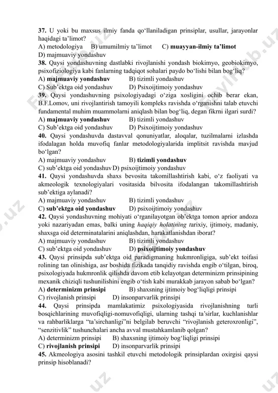 arning kasbiy mahorati, uni mohirlik darajasiga qadar takomillashtirish va ijod jarayonida olingan innovatsiyalarning ijtimoiy ahamiyatini baholashning refleksiv-innovatsion imkoniyatini aniqlash yordamida amalga oshirish muvaffaqiyatini belgilab beradi? a) yoshga oid jihat b) ta’limga oid jihat c) kasbiy jihat d) kreativ jihat 31. qaysi jihatga ko‘ra insonning kasbiy mahoratini oshirishning ajratib ko‘rsatilgan akmeologik jihatlarining eng maqbul, o‘zaro munosabatlarini ta’minlovchi, tizim hosil qiluvchi omili hisoblanadi? a) refleksiv jihat b) ta’limga oid jihat c) kasbiy jihat d) kreativ jihat 32. qanday darajada professional tahliliy, tanqidiy, prognostik va tashkiliy jarayonlar tizimini shakllantirish orqali amalga oshirilayotgan faoliyatning uni bajarish jarayonini optimallashtirish va olingan natijalarni izohlash uchun to‘liq anglash, nazorat qilish, boshqarish va o‘z-o‘zini takomillashtirish ta’minlanadi? a) refleksiv daraja b) kommunikativ daraja c) professional darajada d) refleksiv jihat 33. qanday darajada professional kommunikatsiya tizimini shakllantirish orqali natijalarni bevosita tasvirlash va tushunishga, sheriklar tomonidan uning bajarilishi bo‘yicha faoliyatning amalga oshirilishiga erishiladi? a) refleksiv daraja b) kommunikativ daraja c) professional …