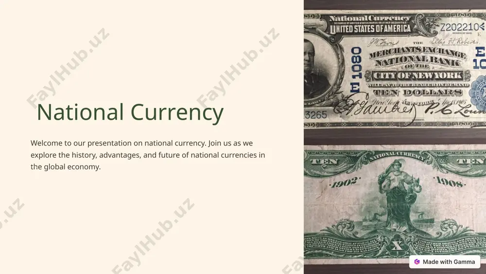 ks, reflecting a country's heritage. 2 pride and unity a currency can foster a sense of belonging and unity among citizens. 3 historical significance certain currency designs commemorate important historical events or national achievements. 7 national currency in the global economy trade facilitation a national currency streamlines international trade and simplifies financial transactions. foreign exchange markets national currencies are actively traded on foreign exchange markets, impacting global economic conditions. reserve currencies some currencies, like the us dollar, serve as reserve currencies, influencing international transactions and investments. 8 future of national currencies 1 digital innovations the rise of digital currencies and blockchain technology may reshape the concept of national currencies. 2 globalization challenges the increasing interconnectedness of economies raises questions about the role of national currencies. 3 sustainable alternatives countries may explore alternative currencies focused on sustainability, social impact, or regional integration. 9 image1.png image2.png image3.png image4.png image5.png image6.png image7.png image8.png …