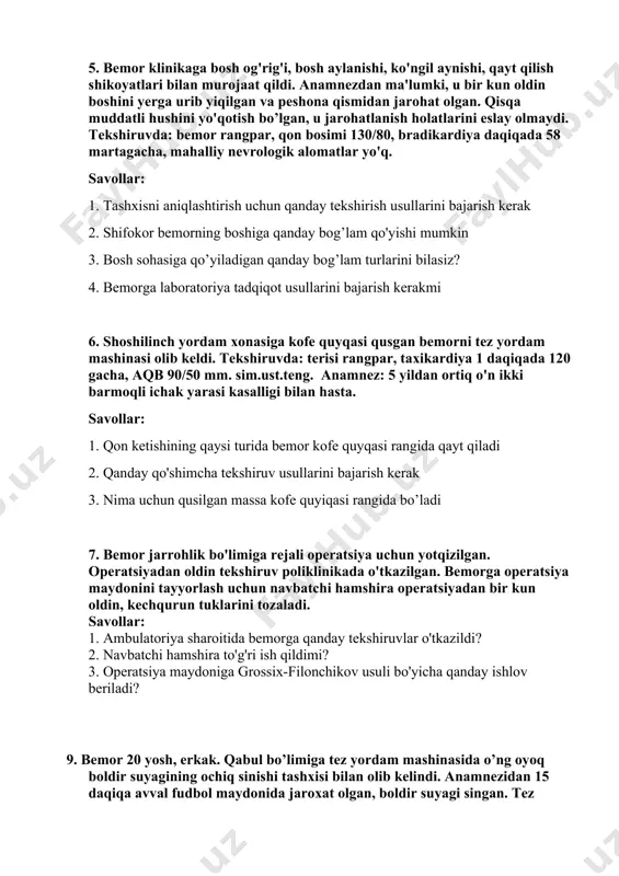 vollar: 1. qorinni palpatsiya qilish qaysi tekshirish usuliga kiradi. 2. tashxisni tasdiqlash uchun zarur bo'lgan qo'shimcha tekshirish usullarini aytib bering. 3. tashxisni aniqlashtirish uchun qanday laboratoriya tekshirish usullari zarur. 4. qorin bo'shlig'ida qaysi a’zolarga zarar yetgan bo’lishi mumkin. 5. bemor klinikaga bosh og'rig'i, bosh aylanishi, ko'ngil aynishi, qayt qilish shikoyatlari bilan murojaat qildi. anamnezdan ma'lumki, u bir kun oldin boshini yerga urib yiqilgan va peshona qismidan jarohat olgan. qisqa muddatli hushini yo'qotish bo’lgan, u jarohatlanish holatlarini eslay olmaydi. tekshiruvda: bemor rangpar, qon bosimi 130/80, bradikardiya daqiqada 58 martagacha, mahalliy nevrologik alomatlar yo'q. savollar: 1. tashxisni aniqlashtirish uchun qanday tekshirish usullarini bajarish kerak 2. shifokor bemorning boshiga qanday bog’lam qo'yishi mumkin 3. bosh sohasiga qo’yiladigan qanday bog’lam turlarini bilasiz? 4. bemorga laboratoriya tadqiqot usullarini bajarish kerakmi 6. shoshilinch yordam xonasiga kofe quyqasi qusgan bemorni tez yordam mashinasi olib keldi. tekshiruvda: terisi rangpar, taxikardiya 1 daqiqada 120 gacha, aqb 90/50 mm. sim.ust.teng. …