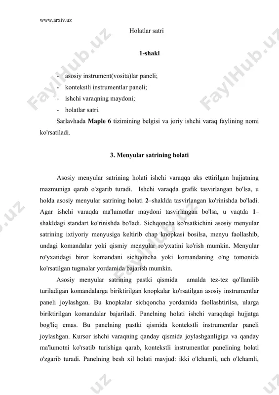 sa, oxirgi komandadan tashqari barcha komandalardan keyin «shift»q «enter» juftlik tugmachalarni bosish kerak. oxirga komanda kiritilgandan keyin «shift» tugmachani bosish kerak. komandalar guruhi tashkil qilingandan keyin guruhning ixtiyoriy bir komandasidan keyin «enter» tugmasini bosish ularning barchasini bajarilishini ta'minlaydi. komandalar guruhi chap tomonidan umumiy «[» belgi bilan qamrab olinadi. agar har bir komandani alohida «[» belgi qamrab olgan bo'lsa, ularning har biri mustaqil bajariladi. agar komanda «;» belgi bilan tugasa, u bajarilgandan keyin albatta natija chiqarish maydonida aks ettiriladi va «:» belgi bilan tugasa, komanda bajariladi, lekin natija aks ettirilmaydi. ishchi varaqning foydalanuvchi tomonidan ma'lumotlar kiritiladigan qismiga kiritish maydoni deyiladi. kiritish maydoniga maple 6 ning komandalarini, operatorlarini va izohlar uchun matn kiritish mumkin. yangi ishchi varaq yaratilganda, jimlik qoidasi bo'yicha maple 6 ning komanda va operatorlarini kiritish rejimi o'rnatiladi. bu rejimning belgisi «>» hisoblanadi. agar komanda yoki operator to'g'ri kiritilsa chiqarish maydonida natija qayd qilinadi, aks holda xatolik sababi ko'rsatiladi. kiritish …