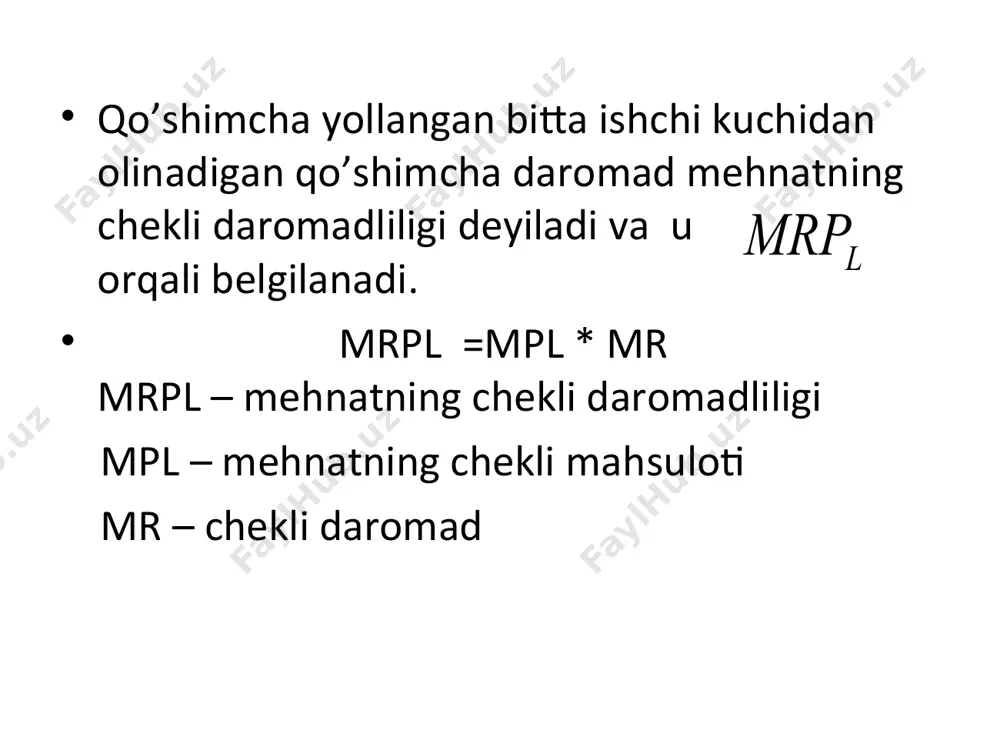 zgarmaydi (bu holda kapital oddiy takror ishlab chiqarilmaydi). * qisqa muddatli loyihalarni (qisqa muddatli investitsiyalarni) tahlil qilganda kapitalning ichki o’zini oqlash koeffitsienti r dan va ssuda foizi i dan foydalaniladi. qisqa muddatli oraliqdagi investitsiyalarning (bir yillik oraliqdagi) chekli sof oqlashi ularning chekli ichki oqlash koeffitsientidan ssuda stavkasi foizini ayirish orqali aniqlanadi: delta r = r - i bu erda delta r - chekli sof qoplash; r - chekli ichki qoplash; i - ssuda stavkasi foizi. agar r = i bo’lsa, investitsiyadan olinadigan foyda maksimal bo’ladi. * ssuda foizi stavkasi 10 foiz bo’lsin. bir yillik investitsiya qaytimlari * do’kon-larning sotish quvvati (bir kunlik), kg umumiy inves-titsiya (kap mablag’ sarfi), so’m chekli inves-titsiya, so’m kapitalga to’la-nadigan chekli foiz, so’m chekli sotish xarajat-lari, so’m chekli umumiy xara-jatlar, so’m (mc) inves-titsiya-dan olina-digan daromad, so’m (mr) chekli foyda, so’m 1000 100000 100000 10000 5000 115000 120000 5000 2000 200000 100000 10000 7500 117500 120000 2500 …