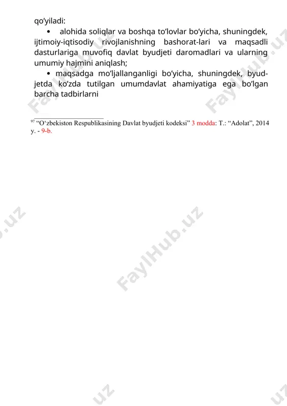 ilgan umumdavlat ahamiyatiga ega bo’lgan barcha tadbirlarni 97 “o‘zbekiston respublikasining davlat byudjeti kodeksi” 3 modda: t.: “adolat”, 2014 y. - 9-b. uzluksiz moliyalashtirish ehtiyojini inobatga olgan holda davlat byudjeti xarajatlari va ularning umumiy hajmini belgilash (o’rnatish); · iqtisodiyotdagi inflyatsion tendentsiyalar va pul-kredit tanazzulini bartaraf etishga, milliy pul birli-gining barqarorligini ta’minlashga yo’naltirilgan moliya-viy baqarorlashtirishning umumiy dasturini davlat byud-jeti bilan muvofiqlashtirish; · iqtisodiy jihatdan maqsadga muvofiq bo’lgan manbalar hisobidan davlat byudjeti defitsitiga barham berish yoki uni qisqartirish; · muvozanatlashtirilgan bozor sari keskin taraqqiyotga erishish maqsadida barcha moddiy va moliyaviy rezervlarni qidirib topish; · iqtisodiy mintaqalar, xo’jalik sohalari va byudjet-lar o’rtasida davlat daromadlarining manbalarini qayta taqsimlash yo’li bilan turli darajadagi byudjetlarni balanslashtirish maqsadida byudjetli tartibga solishni amalga oshirish; · keng ko’lamli barcha ijtimoiy-iqtisodiy dasturlarning balansliligi va proportsionalligini ta’minlashga imkon beradigan istiqbolli byudjetni rejalashtirishning rolini oshirish; · soliq majburiyatlarini bajarishda alohida fuqaro-lar daromadlari va yuridik shaxslarning moliyaviy faoliyatlari ustidan nazoratni ta’minlash; · zamonaviy elektron …