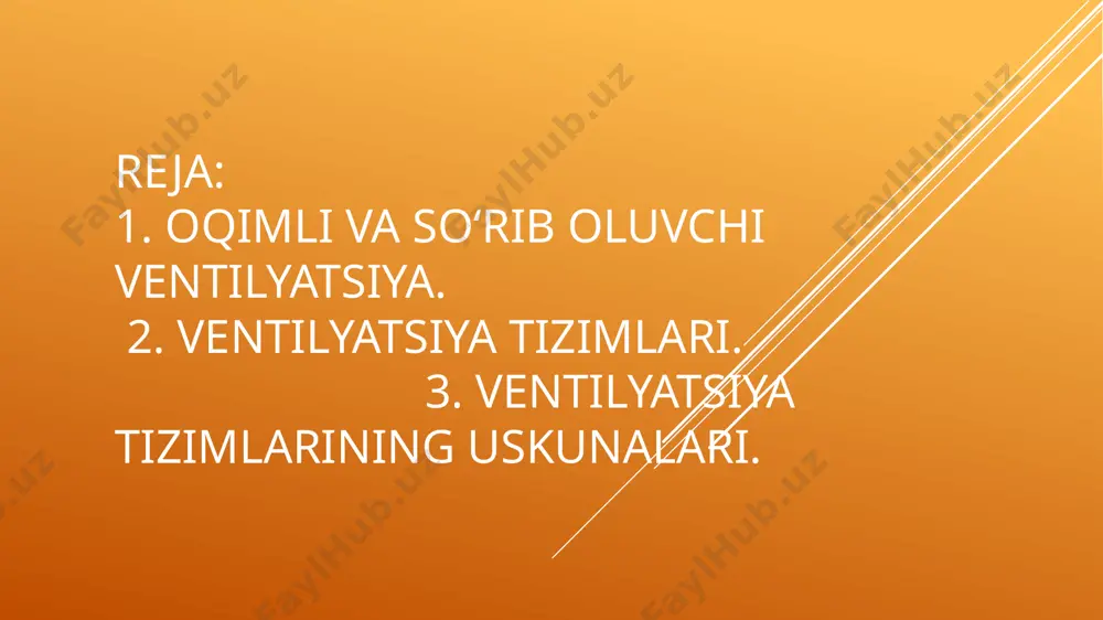 ntilyatsiya umumiy havo almashinuvi (obsheobmennaya), mahalliy (lokalizuyushaya, mestnaya), aralash (smeshannaya), avariyali va tutunga qarshi ventilyatsiyaga bo‘linadi. mahalliy so‘rib chiqarish ventilyatsiya tizimlarida zararli moddalar bug‘lari va gazlar to‘g‘ridan-to‘g‘ri paydo bo‘lgan joylaridan tashqariga chiqarib yuboriladi. mahalliy oqib keluvchi ventilyatsiyasi faqat toza havo berish kerak bo‘lgan ma’lum joylarga beriladi. bunday ventilyatsiya havo dushlari kabi havoning erkin oqimlarini ish joyiga yuboradi. aralash ventilyatsiya tizimlari asosan sanoat korxonalarini ishlab chiqarish xonalarida ishlatiladi, ular mahalliy va umumiy havo almashinuvli tizimlarini o‘z ichiga oladilar. avariyali ventilyatsiya tizimlari faqat to‘satdan ko‘p miqdorda zararli moddalar bug‘lari va gazlar ajrab chiqish mumkin bo‘lgan xonalarda ishlatiladi. bu uskunalar tezda zararli moddalar bug‘larini va gazlarni chiqarib yuborish kerak bo‘lgan paytda ishga tushiriladi. tutunga qarshi ventilyatsiya yong‘inning boshlang‘ich bosqichida odamlarni xonalardan evakuatsiya qilinishini ta’minlash uchun ishlatiladi. havoni qabul qilish qurilmasi. havoni qabul qilish qurilmasini joylashtirganda unga toza havo tushishini ta’minlash lozim. buning uchun ularni odatda havo zararlanadigan joylarda (qozonxonalar, oshxonalar, va shu kabilardan) …