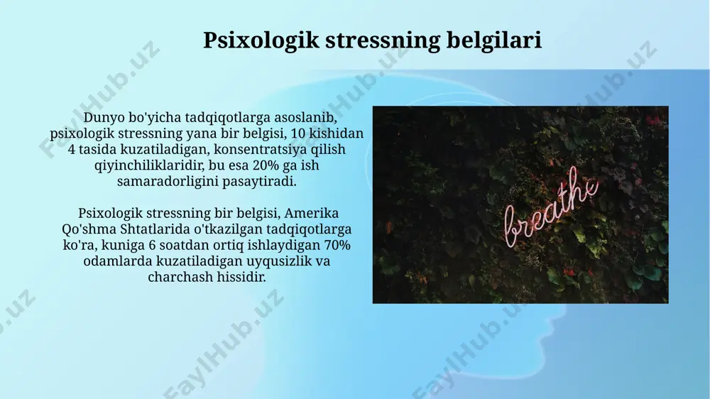 arini keltirib chiqaruvchi kuchli psixologik stress manbai hisoblanadi. jismoniy stress, masalan, og'ir yuk ko'tarish yoki 12 soatlik uzluksiz ish, adrenal bezlar faoliyatini 30% ga oshirib, organizmni charchoq holatiga olib keladi. stressga individual munosabat surunkali stress 20% ga yaqin odamlarda immunitet tizimining faoliyatini buzadi, natijada yuqumli kasalliklarga chidamlilik pasayadi, masalan, samarkanddagi tadqiqotlar shuni ko‘rsatdiki, stressli vaziyatlarda grippga chalinish xavfi 2 barobar ortadi. stress gormoni kortizolning uzoq muddatli yuqori darajasi qon hujayralari sonini kamaytirishi va 50% gacha bemorlarda qonning ivish jarayonini buzishi mumkin, bu esa qoraqalpog‘iston respublikasidagi tadqiqotlarda ham tasdiqlangan. surunkali stressning oqibatlari uzun muddatli stress miya hujayralarining kamayishiga olib keladi, bu esa 50 yoshdan oshgan odamlarda xotira va kognitiv funksiyalarining pasayishiga olib keladi, ayniqsa, tokio kabi zich shaharlarda yashovchilarda. surunkali stress immun tizimini zaiflashtiradi, natijada gripp va shamollash kabi yuqumli kasalliklarga chalinish xavfi 70% ga oshadi, masalan, buyuk britaniyada o'tkazilgan tadqiqotlar shuni ko'rsatmoqdaki. stressning oldini olish stressni kamaytirish uchun haftada kamida …