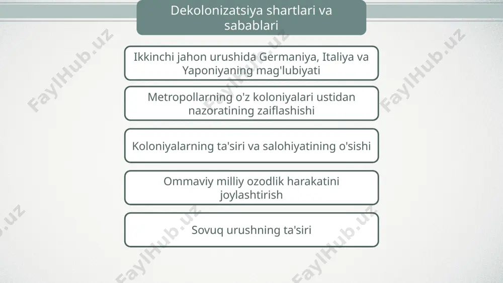 mustaqillikka erishdi 1964 zanzibar, zambiya, malavi mustaqillikka erishdilar 1965 gambiya mustaqillikka erishdi portugaliya mustamlakalari dekolonizatsiyaning uchinchi bosqichi (1970-yillar) gvineya-bisau, kabo-verde orollari, angola, mozambik, san-tome va printsip mustaqillikka erishdi. afrika va osiyo dekolonizatsiyaning to'rtinchi bosqichi (1980-1990-yillarning oxiri) yil davlat 1980 janubiy rodeziya muammosi hal qilindi (zimbabve) 1982 angliya belizga mustaqillik berdi 1990 janubiy afrika namibiyaga mustaqillik berdi 1997 xitoy gonkong ustidan o'z suverenitetini tikladi 1999 xitoy makao ustidan o'z suverenitetini tikladi sobiq metropoliyalar va aqsh narxlarni belgilashda davom etdi xom ashyo va oziq-ovqat, sanoat uskunalari. osiyo, afrika va lotin amerikasi mamlakatlarining qoloqligining sabablari agrar-xom ashyo qo'shimchasining roli mashinalar, uskunalar etkazib berishga, tashqi investitsiyalar oqimiga bog'liqlik an'anaviy turmush tarzining ustunligi aholining aksariyat qismining savodsizligi aloqa va aloqa vositalarining (infratuzilmaning)rivojlanmaganligi 10 ikkinchi jahon urushidan keyin aholining o'sish sur'ati oshgani sababli qoloqlik muammosi kuchaydi. qishloq xo'jaligi ishlab chiqarishi uchun mos bo'lgan barcha erlardan foydalanish, o'rmonlarning kesilishi, toza suv manbalarining kamayishi urbanizatsiya muammosini keltirib chiqardi. …