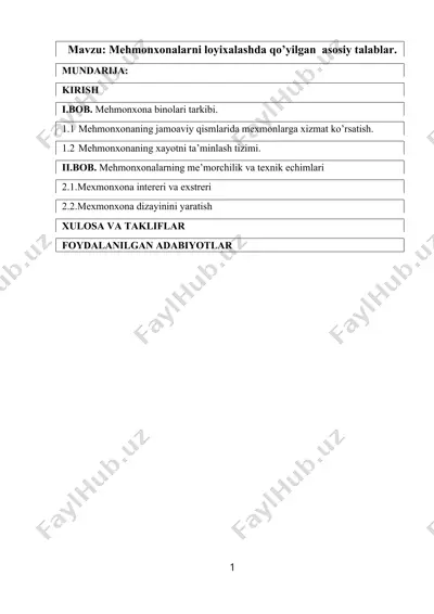 mehmonxonalarni loyihalashda qo’yilgan asosiy talablar — DOCX