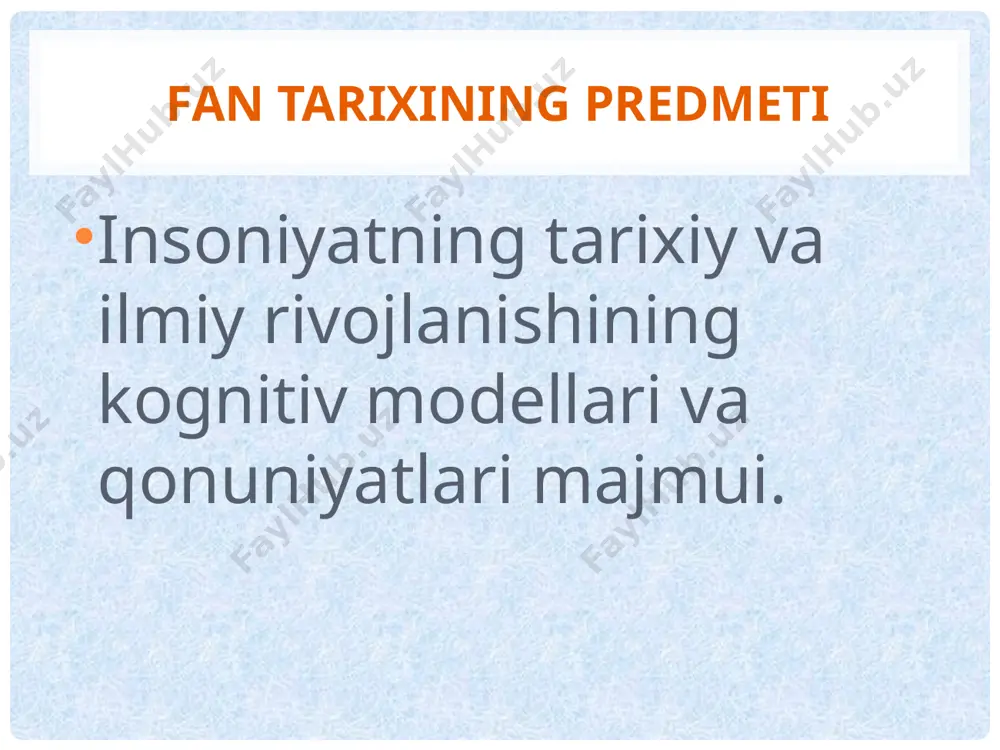 . pozitivizm inqirozi munosabati bilan. bu ilmiy bilimlarning rivojlanishidagi uzilishlar g'oyasidan kelib chiqadi. vaqti-vaqti bilan fanda ilmiy bilimlar paradigmasi va yo'nalishini tubdan o'zgartiradigan inqiloblar sodir bo'ladi. uchinchi model fandagi har qanday hodisani boshqa tarixiy sharoitlarda noyob deb tushunadi. u bir vaqtning o'zida bir xil ilmiy faktlarni turli yo'llar bilan tushuntiruvchi turli nazariyalarning mavjudligiga imkon beradi. ushbu modellarga qo'shimcha ravishda, fan tarixini alohida olimlar yoki ilmiy bilimlarning ma'lum bir sohasini o'rganuvchi ilmiy maktablar nazariyalari orqali o'rganish mumkin. ilmiy bilimlarning tuzilishi ilmiy bilim empirik daraja nazariy daraja e'tiboringiz uchun rahmat! image3.jpeg image4.jpeg image5.jpeg image6.jpeg image7.jpeg image8.jpeg image9.jpeg image10.jpeg image2.jpeg