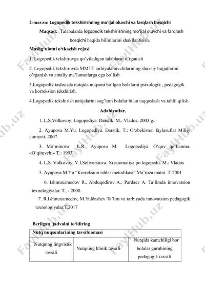 logopedik tekshirishning mo‘ljal oluvchi va farqlash bosqichi — DOCX