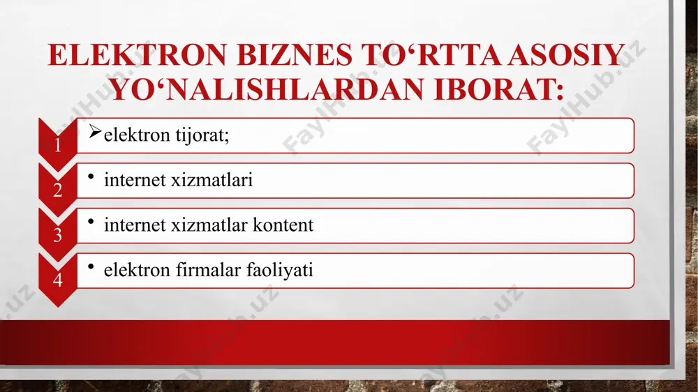 xshilash va raqobatbardoshligini oshirish. raqobat strategiyasi har qanday tadbirkor biznesining muhim tarkibiy qismidir. mijozlarga sifatli xizmat ko‘rsatish. onlayn biznes mijozlarga xizmat ko‘rsatishni yaxshilaydi. yaxshi sayt mahsulot yoki xizmat haqida to‘liq ma’lumot berishi kerak. resurs internet orqali to‘lovlarni qabul qilishga imkon berishi, mahsulotlar esa mijozga o‘z uyining eshigi oldigacha etkazib berilishi maqsadga muvofiqdir. ustama xarajatlarning kamayishi. xodimlarni yollash, kommunal xizmatlar, savdo uchun mo‘ljallangan binolarni ijaraga berish bilan bog‘liq va boshqa xarajatlarni kamaytirish. elektron biznesning kamchiliklari: 1 tarmoq bo‘yicha cheklovlar. masalan, bir necha amaliy sabablarga ko‘ra oziq-ovqat sohasida ma’lum cheklovlar mavjud. oziq-ovqat mahsulotlari tez buziladigan mahsulotlar bo‘lganligi sababli internetda bunday savdoning ommalashmasligining eng muhim sabablaridan biridir. 2 elektron biznesni rivojlantirish uchun sarflanadigan xarajatlarning kattaligi. onlayn savdolarni amalga oshirishda veb-saytni rivojlantirish uchun uni yaratish, tarqatish, xodimlarni o‘qitish, logistikasini maqbullashtirish va shu kabi tadbirlarni amalga oshirishda juda katta mablag‘ sarflash lozim. 3 xavfsizlik va maxfiylik masalalari. tashqi hujumlardan xavfsizlik turli xil filtr dasturlari tomonidan …
