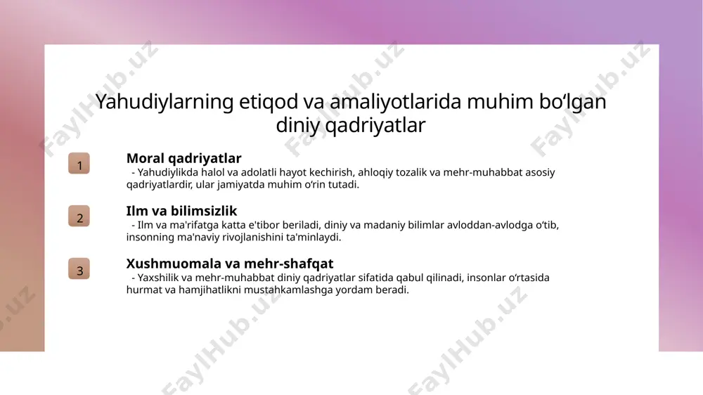 lar va rituallar kundalik hayotda diniy taomlar va maxsus marosimlar muhim o‘rin tutadi. ular ruhiy yuksalish va diniy tuyg‘ularni mustahkamlash uchun bajariladi. yahudiylik ta'limotlarining asosiy e'tiqodlari va diniy tushunchalar yahudiylikda monoteizm yahudiylikda asosiy e'tiqodlardan biri – yagona, muqaddas va hamma narsaning ilohiy qudrati bo‘lgan xudo tushunchasidir. bu e'tiqod jamiyatni birlashtiradi va dini amaliyotlarning markaziy qismidir. qadimiy shartlar va qonunlar yahudiylikda muqaddas kitobda yozilgan tavrot va boshqa qadimiy qonunlar muhim ahamiyatga ega. ular hayotiy qoidalar va diniy amaliyotlarning asosiy manbaidir. kurslar va muqaddas matnlar yahudiylikda muqaddas matnlar, jumladan, tavrot, talmud va boshqa yozuvlar, diniy bilim va axloqiy qadriyatlarni o‘rgatishda muhim rol o‘ynaydi. diniy qadriyatlar xushmuomala, adolat, va mehr-shafqat kabi qadriyatlar yahudiylik e'tiqodlarida muhim o‘rin tutadi. ular kundalik hayot va jamiyat qurilishida asosiy prinsip hisoblanadi. yahudiy an'analar va kundalik amaliyotlarning madaniy ahamiyati an'analar merosi yahudiy an'analari avloddan-avlodga o'tib, madaniyat va diniy qadriyatlarni saqlab keladi, bu esa jamiyatning birligini va identifikatsiyasini mustahkamlaydi. qulay …