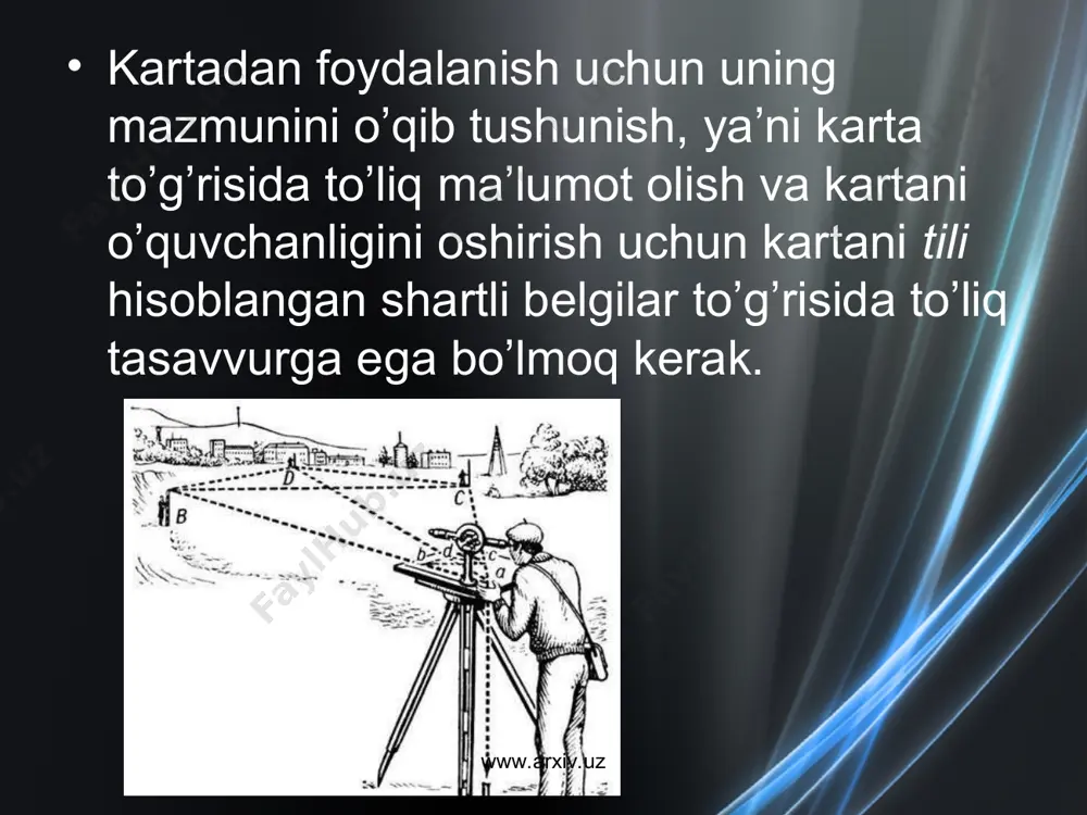chiqarish kerak. demak qozog’istonda 5 mm edi uni ildizdan chiqaramiz =2,2 mm ga teng bo’lib, tomonlari 2,2 mm bo’lgan kvadrat yasaladi, o’zbekistonni topish uchun 500 mm. ni ildizdan chiqaramiz =22,4 mm teng bo’lib, tomonlari 22,4 mm li kvadrat yasaladi. unda ham bu farq juda kattaligi sezilib tursa, ko’rsatkichlarni kubdan ( ) chiqarib kub shaklida ( ) tasvirlash mumkin. bunda birinchi ko’rsatkich ikkinchi ko’rsatkich bo’lib, tomonlari 7,94 mm bo’lgan kubga to’g’ri keladi. bu holatda shakllardagi farq kichikroq ko’rinadi. www.arxiv.uz www.arxiv.uz chiziqli belgilardan ham har xil holatlarda foydalanish mumkin. masalan, chiziqlar ingichka va yo’g’onligi bilan, rangi va chiziqning shakli bilan farq qilishi mumkin. maydonli belgilar esa rangi, maydonning ichidagi shaklari maydondagi chiziqlarning holati bilan farq qiladi. shu xususiyatlarni e’tiborga olish zarur. 3-rasm. belgilarni har xil ko’rinishda ishlatilishi. www.arxiv.uz www.arxiv.uz kartografik belgilardan foydalanishda tasvirlanayotgan voqea va hodisalarning xususiyatlariga qaraladi. ba’zi voqea va hodisalar bir joyga tegishli bo’ladi, masalan, zavodning o’rni va uning ishlab …