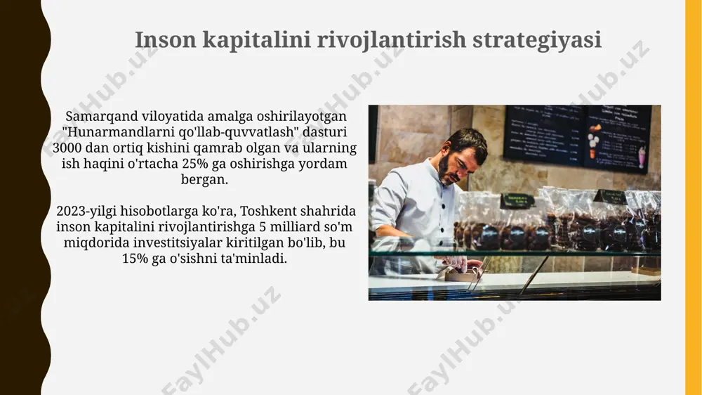 10% ko'proq mablag' sarflash orqali, qozog'istonning yaim o'sish sur'atlarini 3% ga oshirdi. inson kapitali va innovatsiyalar o'zbekistonning qishloq xo'jaligida 500 mingdan ortiq ishchi kuchi o'zining bilim va ko'nikmalarini yangi texnologiyalarni qo'llash orqali samaradorlikni oshirishga yo'naltirib, innovatsiyalarni qo'llab-quvvatlamoqda. inson kapitalining yuqori malakali muhandislari, masalan, toshkent shahridagi it parkida 20% ga yaqin innovatsiyalarni yaratishga hissa qo'shmoqda. inson kapitali va raqobatbardoshlik xorijdan qaytgan 1000 dan ortiq yuqori malakali muhandislarning samarqanddagi yangi texnologiyalar parkida ishga joylashishi, mamlakatning innovatsion raqobatbardoshligini sezilarli darajada yaxshilaydi. jahon bankining 2022 yilgi hisobotiga ko'ra, o'zbekistonda 5 yoshgacha bo'lgan bolalar uchun erta bolalik rivojlanishi dasturlari 30% ga oshdi, bu esa kelajakdagi inson kapitaliga investitsiyani ko'rsatadi. e'tiboringiz uchun rahmat @taqdimot_robot image1.jpg image2.jpg image3.jpg image4.jpg image5.jpg image6.jpg image7.jpg image8.jpg image9.jpg image10.jpg image11.jpg