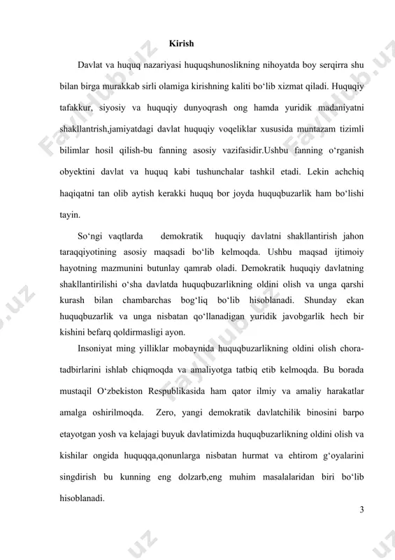 halaridan biri huquqbuzarlik va yuridik javobgarlik xususida fikr-mulohazalar, qarashlar, bu sohalarning yuridik atama sifatidagi talqini va ma’no-mohiyati, jamiyat hayoti uchun ahamiyatli tomonlari ma’lum ma’noda ochib berilgan. mening ushbu mavzuni tanlashimdan maqsad: birinchidan,ushbu sohaga yoshlik davrimdan qiziqishim va bu sohaning meni o‘ylashga majbur etadigan tomonlarini o‘zim uchun o’zlashtirish; ikkinchidan,keyingi paytlarda davlatimizda huquqbuzarlik darajasi nisbatan oshib bormoqda,bunga asosiy sabab bo‘layotgan omillar va huquqbuzarlikning ortishiga olib kelayotgan sharoitlar nimalardan iborat ekanligini aniqlash. uchinchdan,yosh demokratik davlatimizning kelajakdagi taraqqiyotiga o‘zimning arzimas bo‘lsada hissamni qo‘shish. 1.huquqbuzarlik tushunchasi va turlari. huquqbuzarlik ijtimoiy ma’noda jamiyat, fuqarolar va jamoat birlashmalarining huquq va manfaatlariga xavf tug‘dirishga qodir xulq bo‘lib, u ijtimoiy munosabatlarning rivojlanishini qiyinlashtiradi va ularning buzilishiga sabab bo‘ladi. huquqbuzarlik qasd yoki ehtiyotsizlik ko‘rinishida bo‘ladigan, huquq qoidalariga rioya qilmaslik oqibatida jamiyat, davlat va fuqarolar (shaxslar) manfaatlariga etkaziladigan moddiy va ma’naviy zarar yoki xavfli harakat va harakatsizlikdir. huquqbuzarlik –huquq va muomala layoqatiga ega subyekt tomonidan sodir etiladigan, huquq normalari talablariga zid …