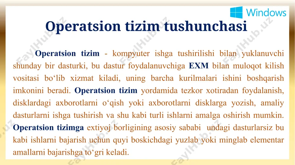 a`minlaydi. windows operatsion tizimi tarixi windows ish stoli. asosiy ob‘ektlar va boshqarish usullari. windows tizimi kompyutеrda ma`lumotlarni saqlash strukturalarini boshqarish va ko`rib chiqishni ikki usulda bajaradi: «мой компютер» (mеning kompyutеrim) va «проводник» (boshlovchi) ilovalari yordamida. windows xp ish stoli. asosiy ob‘ektlar va boshqarish usullari. windowsning ekranda ochilgan oynasi ish stoli deb ataladi. sizning odatdagi ish stolingizdagi hujjatlar, asboblar, yozuv qog’ozlari va shu kabilar joylashganidek kompyuter ekranida ham ishlash uchun kerak bo'lgan ma‘lumotlar joylashtiriladi. ish stoli har doim foydalanuvchi tomonidan o'zgartirib turilishi mumkin. u foydalanuvchi ko'p ishlatadigan programmalarni joylashtirish uchun ko'llaniladi. windows ish stolining elementlar yigindisi kompyuterning sozlovchilari bilan bog’liq. windowsda ko'plab elementlarni yodda saqlash, ajratib olish va ular bilan ishlash oson bo'lishi uchun piktogrammalar deb ataluvchi mos rasmchalar ko'yiladi. ularni ko'pincha ikonalar (timsollar) deb ham ataydilar. mualliflar programmalar uchun ularning moxiyatini ifodalab beruvchi maxsus rasmchalar tayyorlaydilar. xujjat fayllari uchun piktogramma sifatida o'sha hujjat tuzilgan programmaning belgisi ko'rsatiladi. papkalar (tizimning va …