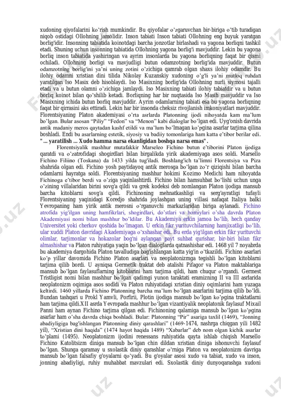 asini qur’on ma’rifati bilan uyg'unlashtirib, qayta tiklashga intilish tasavvuf ta’limoti, “ishroq” falsafasida namoyon bo’lgan. shu asosda turli nazariyalar, ta’limotlar yuzaga kelib, fikriy xilma-xillik rivojlandi. tasavvufiyorifona ta’limotning qaror topishi, tariqatlar ham, aslida, hurfikrlik va inson kamolotiga bo’lgan ishonchning nishonasi edi. uyg'onish davri vakillari dinga emas, balki dinni sxolastika va jaholat manbaiga aylantirgan kishilarga qarshi kurashganlar. tafakkurdagi ikki: aqliy (ratsionalizm) va vajdiy (irratsionalizm) yo’nalish namoyandalari zohiran o’zaro kelishmay kelgan bo’lsalarda, amalda yevropa uyg'onish davrida bo’lganidek, inson ongini bedor etish, uni aqidaparastlik (taqlidchilik) g'uboridan tozalashda hamkorlik qildilar. shu bois hurfikrli mutafakkirlar orasida ratsionalist olimlar bilan birga, orif sufiylar ham bor edi. sharq uyg'onish davri vakillari o’zxalqlarining qadimgi madaniyat bilan birga, yunon va hind xalqlari merosidan ham foydalanishgan. yunon olimlarining asarlari 8–9-asrlarda arab tiliga tarjima qilindi, sharxlandi. aflotun, arastuni sharq faylasuflari ham o’zustozlari deb hisoblashgan, plotan qarashlari ibn al-arabiyga ta’sir etib, “vahdatul vujud” falsafasiga turtki berdi. biroq yunonlar ko’p fikrlarni qadimgi osiyoliklardan olganlar. bu …