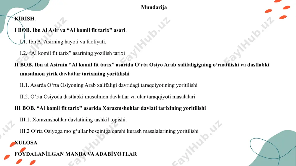 sh hozirgi kunimizda tarixchi olimlarning oldiga qo‘yilgan muhim vazifalardan hisoblanadi mavzuning maqsad va vazifalari. mavzuning asosiy maqsadi «al-komil fit-tarix » asarini tarixiy manba sifatida o’rganish hisoblanadi. yuqoridagi maqsaddan kelib chiqib quyidagilar vazifa sifatida belgilab olindi. «al-komil fit-tarix » asarini tarixiy manba sifatidagi ahamiyatini o’rganish ibn al-asir tomonidan « al-komil fit-tarix »ning yaratilish tarixini o’rganish asarda tilga olingan davrlarga taaluqli ma’lumotlarni boshqa bir manbalar bilan solishtirgan holda tahlil qilish mavzuning o‘rganilganlik darajasi. mavzuning ilmiy yangiligi. tadqiqot olib borish usullari. dissertatsiyani tayyorlash jarayonida qiyosiy tahlil, tizimli yondashuv, tarixiylik va tavsifiylik usullaridan foydalanildi. dissertatsiyaning tuzilishi va hajmi. dissertatsiya kirish, uchta bob – asosiy qism, xulosa, foydalanilgan manbalar va adabiyotlar ro‘yxati hamda ilovalardan iborat. dissertatsiyaning tadqiqot hajmi 85 betni tashkil etadi. i bob haqida qisqacha ii bob haqida qisqacha iii bob haqida qisqacha xulosa foydalanilgan adabiyotlar ro‘yxati abu bakr narshaxiy . buxoro tarixi. toshkent: 2013 – 320 bet. alouddin atomalik juvayniy. tarixi jahongusho (jahon …