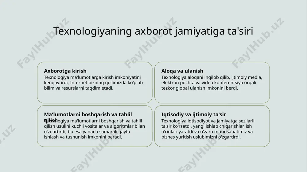 bulling, onlayn ta'qiblar va noto'g'ri ma'lumotlar tarqalishining oldini olish uchun juda muhimdir. axborot jamiyati va iqtisodiy rivojlanish iqtisodiy taraqqiyotda axborot jamiyatining roli axborot-kommunikatsiya texnologiyalaridan (akt) foydalanish samaradorlikni oshirish, samaradorlikni oshirish va yangi iqtisodiy imkoniyatlar yaratish imkonini beradi. raqamli transformatsiya va iqtisodiy o'sish raqamli transformatsiya, jumladan, elektron tijorat, onlayn-banking va raqamli marketing iqtisodiy o'sish va raqobatbardoshlikni oshirishga olib kelishi mumkin. axborotdan foydalanish va inklyuziv iqtisodiy rivojlanish axborot va raqamli resurslardan foydalanish marginallashgan jamoalarni kengaytirishi mumkin, bu esa inklyuziv iqtisodiy rivojlanishga va tengsizlikning kamayishiga olib keladi. innovatsiyalar va bilimlarga asoslangan iqtisodiyot axborot jamiyati innovatsiyalar va bilimga asoslangan iqtisodiyotni rivojlantiradi, texnologik taraqqiyot va intellektual kapital orqali iqtisodiy rivojlanishga turtki beradi. axborot jamiyatining ijtimoiy oqibatlari 1 2 3 axborotga kirish raqamli bo'linish maxfiylik va xavfsizlik axborot jamiyati bilim va resurslar boyligidan foydalanish imkonini beradi, odamlarga ongli qarorlar qabul qilish va bilimga asoslangan iqtisodiyotda ishtirok etish imkoniyatini beradi. raqamli tafovut axborot va texnologiyalardan foydalanishda nomutanosiblikni …