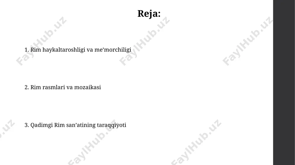 anligi. rim villalarining murakkab dizayni, ularning ichki hovlilari (atrialari) va bogʻlari bilan, oʻrtacha 20 dan ortiq xonalari va mozaikalar bilan bezatilganligi. qadimgi rim san'atining merosi qadimgi rim haykaltaroshligi, ayniqsa, portret janrida, inson qiyofasini realistik tarzda aks ettirish bilan mashhur bo'lib, 1-asrda naturalistik uslubning yuksalishi kuzatilgan. rim mozaikasi san'ati, millionlab rang-barang mayda toshlardan iborat murakkab kompozitsiyalar yaratish orqali, taxminan 200 dan ortiq rang va naqshdan foydalanish bilan ajralib turgan. mosaikalar mosaikalarni yaratishda ishlatilgan "tesserae" deb ataluvchi mayda qismlarning oʻlchami va rangi, asarning murakkabligi va realizmini aniqlagan. rim mozaikalari, taxminan miloddan avvalgi ii asrdan boshlab, mayda rangli toshlardan, shishadan yoki keramikadan yasalgan boʻlib, murakkab geometrik naqshlar yoki manzarali sahnalarni tasvirlagan. haykaltaroshlik rim haykaltaroshligi portret janrini yuksak darajaga ko'targan bo'lib, uning asl namunalari shaxsning individual xususiyatlarini aniq aks ettiradi va yuz ifodalari orqali his-tuyg'ularini beradi. haykaltaroshlikda rim davri ustalari, taxminan 200 dan ortiq turdagi marmar va bronzadan foydalanib, realistik va idealizatsiyalangan inson qiyofalarini …
