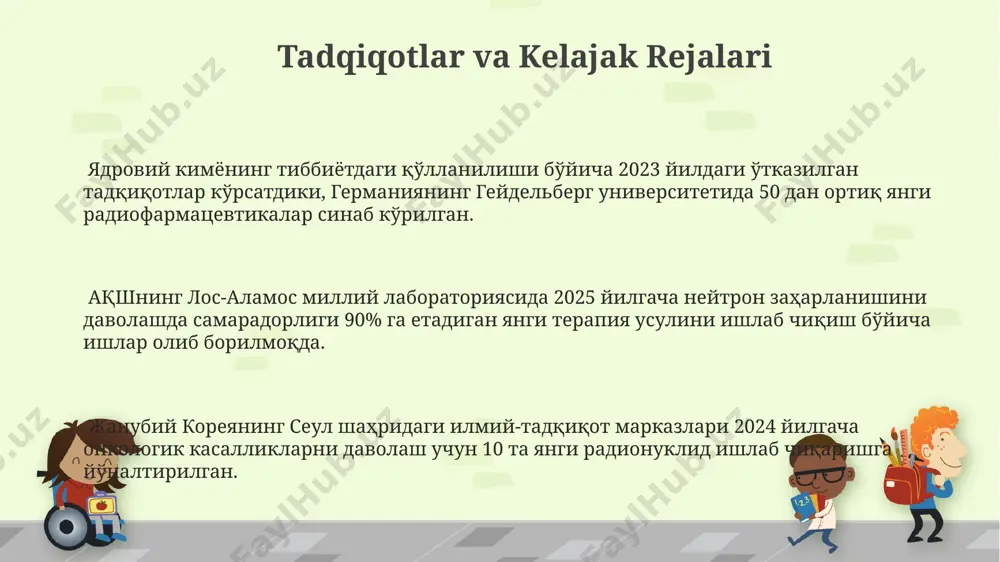 agi onkologiya markazida bunday uskunalar mavjud. samarqanddagi radioaktiv chiqindilarni qayta ishlash zavodi kabi muassasalar, radioaktiv materiallarni xavfsiz yo'q qilish va atrof-muhitga ta'sirini minimallashtirish uchun 500 dan ortiq maxsus texnologiyalar va usullarni qo'llaydi. diagnostikada yadro texnologiyalari yadro magnit-rezonans tomografiyasi (ymr) yordamida 1,5-3 tesla kuchlanishli magnit maydonlaridan foydalanib, inson tanasining turli to'qimalarining 3d tasvirlarini olish mumkin, bu esa o'zbekistondagi klinikalarda aniq diagnostika qilish imkonini beradi. yadro tibbiyoti diagnostikasida ishlatiladigan radioaktiv izotoplar, masalan, 99mtc, toshkentdagi ko'plab kasalxonalarda turli xil kasalliklarni aniqlash uchun yillik 10000 dan ortiq tekshiruvlarda qo'llaniladi. pozitron emissiya tomografiyasi (pet) texnologiyasi yordamida 18f-fdg kabi radioaktiv izleyiciler yordamida saraton hujayralari kabi patologik jarayonlarni aniqlash samarqanddagi onkologiya markazlarida samarali qo'llanilmoqda. radiatsion terapiya va saraton davolash davolash jarayonida 10-30 marta nurlanish seanslari o'tkaziladi va har bir seansning davomiyligi 15-30 minutni tashkil etadi, bu esa andijon viloyatining onkologiya dispanserlarida standart hisoblanadi. radiatsion terapiyasi, saraton hujayralarini yo'q qilish uchun 50-80 gy dozasida ionlashtiruvchi nurlanishdan foydalanadi va …