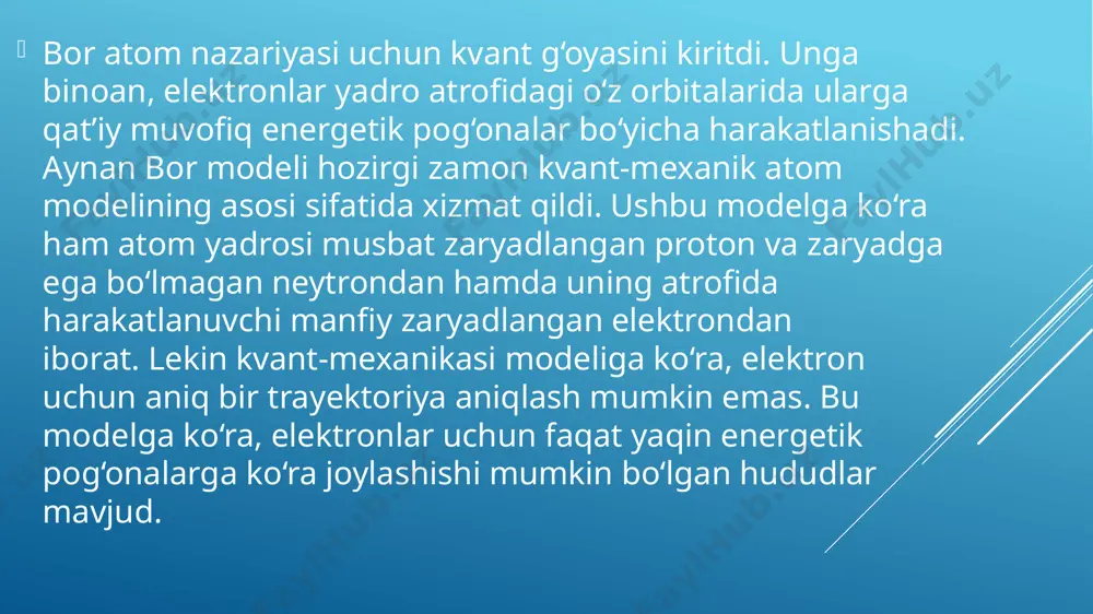 at elektron qavatlarni tashkil qiladi. atom tuzilishi haqidagi tasavvurlar tarixi atom atamasi qadimgi yunon tilidagi ʻʻa-tomosʼʼ — yaʼni ʻʻbo‘linmasʼʼ maʼnosidagi so‘zdan olingan bo‘lib, kelib chiqishi qadimgi yunon faylasuflarining moddaning eng kichik bo‘linmas zarrasi haqidagi fikrlariga borib taqaladi. o‘rta asrlarda baʼzi olimlar moddalarning keyingi tarkibiy qismlarga parchalanishi mumkin emasligi haqidagi xulosalarga keldi. shunday eng kichik zarralar atomlar deb atala boshladi. 1860-yilda germaniyada bo‘lib o‘tgan kimyogarlarning xalqaro anjumanida ushbu nom rasman tasdiqlandi va kimyo va fizika sohalari umuman ilm-fanning barcha jabhalarida moddaning eng kichik tashkil qiluvchilari atomlar sifatida yuritila boshlandi. xix asr oxiri–xx boshlarida fiziklar subatom zarrachalarning mavjudligini aniqlashdi va atom haqiqatan ham bo‘linmas ekani tasdiqlandi. o‘sha paytlarda atom tuzilishining ʻʻmayizli pudingʼʼ deb nomlangan modeli ilgari surilgandi. ushbu modelga ko‘ra, elektronlar katta massaga ega va musbat zaryadlangan jism ichida xuddi puding ichidagi mayizga o‘xshab joylashgandek tasavvur qilingandi. biroq kimyogar rezerfordning amaliy tajribalari ushbu tarzdagi modelni butunlay inkor etib, o‘rniga atom tuzilishining planetar …