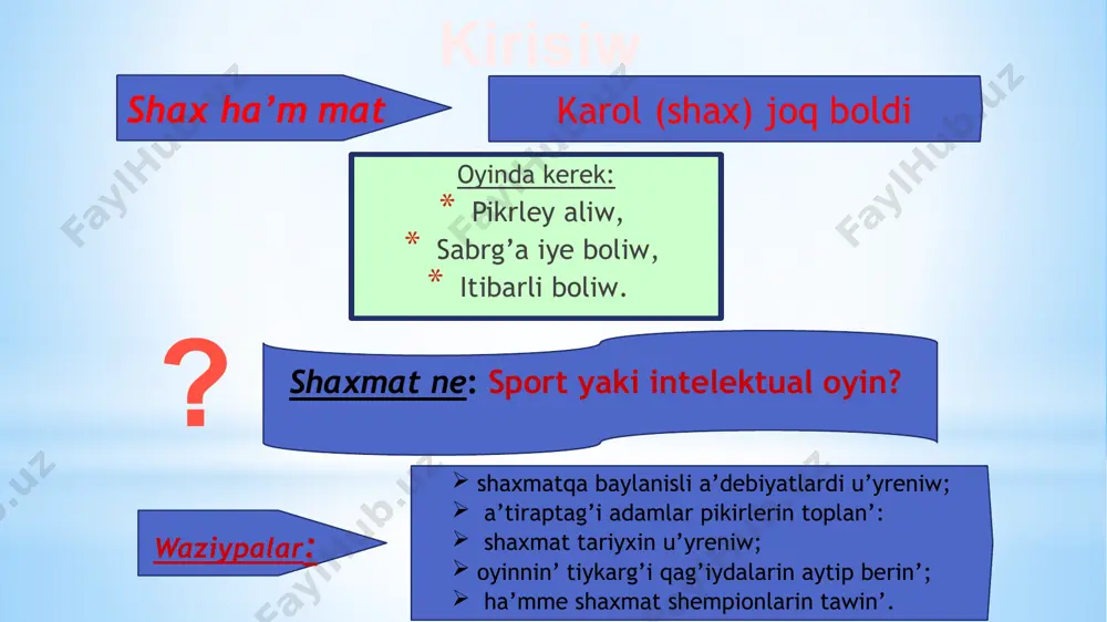 túrli xalıq aralıq jarıslardı shólkemlestiriw 1924 jıl 20 iyulda parijde sho’lkemlestirilgen óz bayraǵi hám gimni bar, fide uranı : «biz hámmemiz bir shańaraqpız » fide ma’xqetleri: bul milliy shaxmat federatsiyalarin birlestirgen xalıq aralıq sport shólkemi shaxmat boyınsha jáhán chempionlari shaxmatti ǵalabalastırıw : vilgelm shtaynits shaxmat boyınsha birinshi jáhán chempionı boldı taǵı : shaxmat taxtasi hár bir kletkanıń óz atı bar kletkalar etiketlanadi: gorizontal túrde latin háriplerinde a dan h ge shekem, vertikal túrde 1 den 8 ge shekem nomerlerde tómennen joqarıǵa. aq taslar oyındı baslaydı. háreketler gezek penen ámelge asıriladı, hár biri 1. hár bir bólektiń háreketi tómendegi diagrammalarda kórsetilgen. hár bir bólek óz háreket qaǵıydalarına iye. oyındıń tiykarǵı qaǵıydaları : shax háreketi xanzada háreketi at háreketi fil háreketi tuwra háreketi 10 oyındıń tiykarǵı qaǵıydaları : eger shax qadaǵalawda bolsa hám basqa háreketler bolmasa, bul mat bolıp tabıladı. eger oyınshı óz gezeginde háreketke iye bolmasa, lekin patsha qadaǵalawda bolmasa, bul …