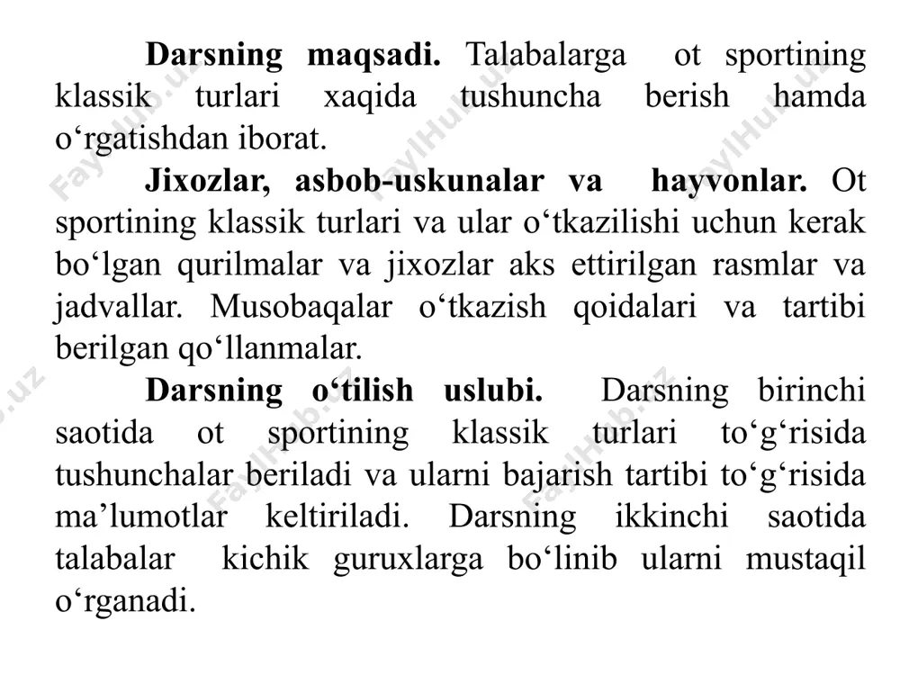 ijirovka. uch kurash. uch kurash dasturi har xil odimlab yurish usullarini, tekis, 36 km ga teng bo‘lgan masofani chopib o‘tish va ma’lum kenglikdagi maydonchada o‘rnatilgan har xil balandlikdagi va turli shakldagi to‘siqlardan sakrab o‘tishni o‘z ichiga oladi. uch kurash masofasi dunyo va yevropa birinchiligi uchun o‘tkaziladi, shu bilan birga u olimpiada dasturiga kiritilgan. uch kurash musobaqalari ketma ket uch kun ichida o‘tkaziladi. chavandoz uch kurashning hamma turida faqat bitta ot bilan qatnashishi mumkin. konkur. konkurlar – ma’lum kenglikda qurilgan, har xil kattalikdagi va turli shakldagi to‘siqlardan sakrab o‘tish musobaqasidir musobaqa yozda ochiq maydonlarda, qishda mahsus manejda o‘tkaziladi. chavandoz va otning tayyorgarlik darajasiga qarab musobaqa turlari klasslarga bo‘lib o‘tkaziladi. har bir qatnashuvchi belgilangan marshrutda 13 -14 to‘siqdan otni sakratib o‘tishi lozim. musobaqa vaqtida chavandozga yo‘l qo‘ygan hatolari uchun jarima ochkolari belgilanadi. ot sakrashdan bosh tortganda birinchi marta 3 ochko, ikkinchi marta 6 ochko, uchinchi marta chavandoz umuman musobaqadan chiqariladi. ohirida ijobiy …