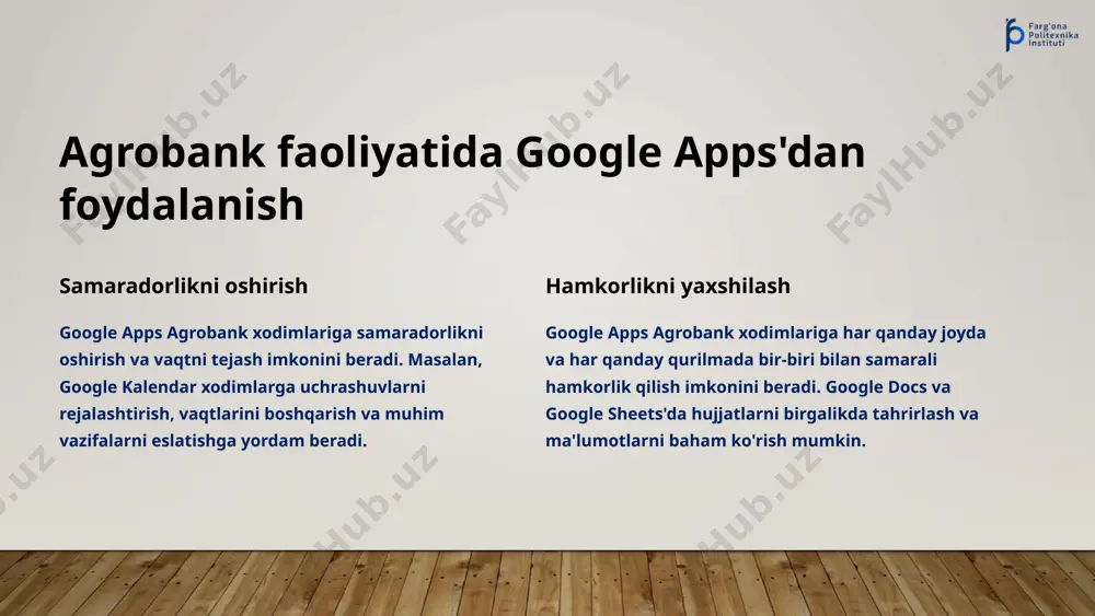 g'lash mumkin. 3 vaqtlarini boshqarish kalendar xodimlarga kunlik va haftalik vazifalarini rejalashtirishga va vaqtlarini samarali boshqarishga yordam beradi. 5 google drive - xavfsiz va barqaror ma'lumotlar saqlash agrobank faoliyatida 1 xavfsizlik 2 barqarorlik google drive barqaror serverlarga ega, ma'lumotlarning yo'qolishiga qarshi himoya qiladi. 3 kirish har qanday qurilmada va har qanday joydan ma'lumotlarga kirish mumkin. 4 baham ko'rish xodimlar bir-biri bilan hujjatlarni osongina baham ko'rishlari va ularni birgalikda tahrirlashlari mumkin. 5 saqlash hujjatlar, rasmlar, videolar va boshqa ma'lumotlarni xavfsiz saqlash. 6 google docs - hujjatlarni tahrirlash uchun agrobank faoliyatida 1 hujjatlarni yaratish google docs yordamida har qanday turdagi hujjatlarni yaratish, tahrirlash va formatlash mumkin. 2 birgalikda tahrirlash bir nechta xodimlar bir vaqtning o'zida hujjatlarni tahrirlashlari mumkin, bu ularning samaradorligini oshiradi. 3 baham ko'rish hujjatlarni boshqa xodimlar bilan osongina baham ko'rish mumkin. 7 google sheets - maʼlumotlar bilan ishlash 1 maʼlumotlarni saqlash google sheets'da turli xil maʼlumotlarni saqlash va tashkil qilish …