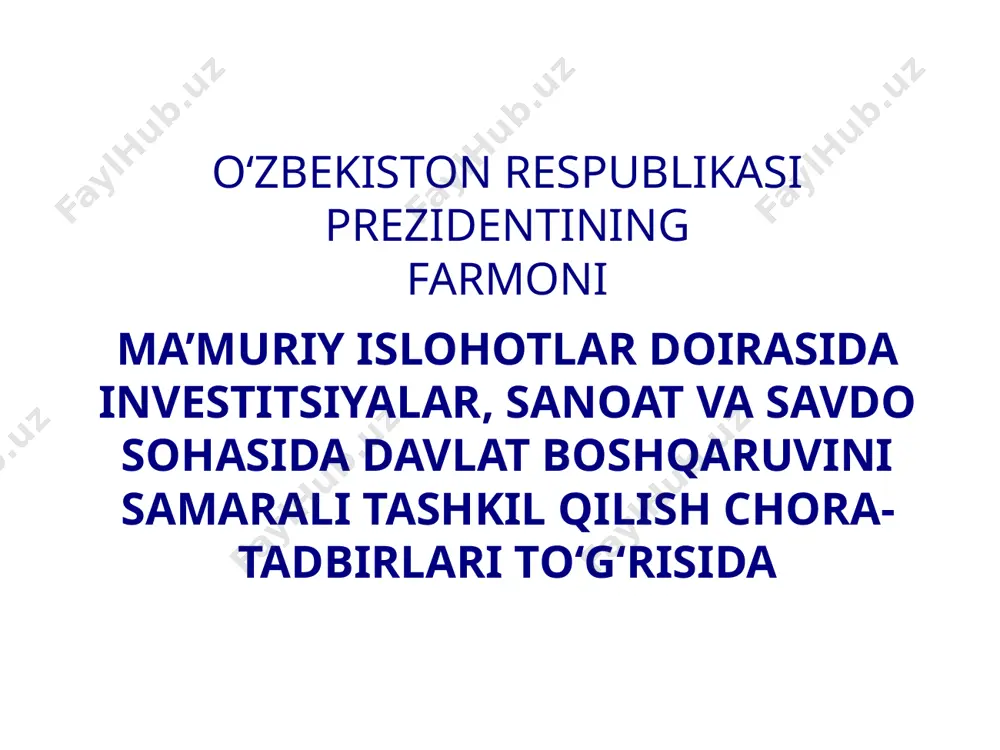 va tamaki mahsulotlari ishlab chiqarish va realizatsiya qilish sohasida davlat sanoat siyosatini amalga oshirish, shuningdek, ushbu sohalarga xalqaro standartlarni joriy qilish ishlarini muvofiqlashtirish, ishlab chiqarish faoliyati turlarini litsenziyalash; savdo sohasida yagona davlat siyosatini amalga oshirish, bozor holatini monitoring va tahlil qilish, ishlab chiqarish jarayonlariga xalqaro talablarga mos texnik reglamentlarni joriy etish, tashqi savdoni tartibga solishni muvofiqlashtirish; tashqi savdo infratuzilmasini rivojlantirish, shu jumladan eksport marshrutlarini ko‘paytirish, eksportni qo‘llab-quvvatlash, ichki va tashqi bozorlarda marketing tadqiqotlarini o‘tkazish; xorijiy davlatlar bilan iqtisodiy aloqalarni kengaytirish va mustahkamlash, mamlakatning tashqi iqtisodiy manfaatlarini ilgari surish, jahon savdo tashkilotiga a’zo bo‘lish va boshqa iqtisodiy tashkilotlar bilan hamkorlik qilish jarayonlarini muvofiqlashtirish, o‘zbekiston respublikasining xalqaro hamda xorijiy moliya va iqtisodiy institutlardagi doimiy vakillari, shuningdek, o‘zbekiston respublikasining xorijdagi muassasalarida tashqi iqtisodiy faoliyat masalalari bilan shug‘ullanuvchi xodimlarning faoliyatini muvofiqlashtirish. a) investitsiyalar yo‘nalishida: investitsiyalar, sanoat va savdo vazirligida har bir investorga loyiha ishga tushirilgunga qadar barcha bosqichlarda hamrohlik qiladigan, xususan yer olish, infratuzilmaga …
