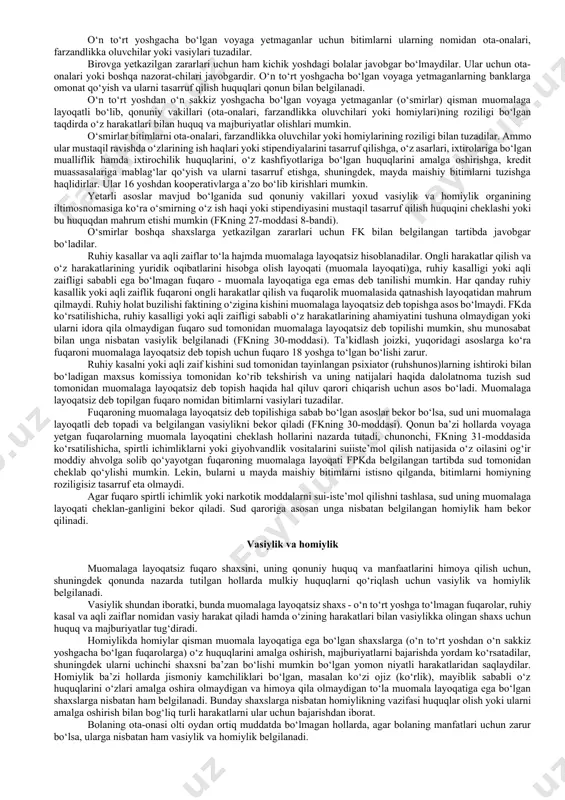 h, mol-mulkni musodara qilish, muayyan huquqdan mahrum qilishni ko‘zda tutadi. jinoyat qonunida huquqdan mahrum qilish vaqtincha chora sifatida ko‘zda tutiladi. o‘zbekiston respublikasi jinoyat kodeksining 45-moddasida ko‘rsatilganidek, muayyan huquqdan mahrum qilish bir yildan besh yilgacha muddatga tayinlanishi mumkin. bu muddat o‘tgach fuqaro yana o‘zi mahrum qilingan o‘sha huquqni qonuniy asoslarda qo‘lga kiritilishi mumkin bo‘ladi. huquq layoqatining boshlanishi va tamom bo‘lishi huquq layoqati kishi tug‘ilganidan to o‘limigacha undan ajralmaydi, u bilan birga bo‘ladi. yangi tug‘ilgan chaqaloq ham har xil huquqlarga, chunonchi, yashash huquqi, ovqatlanish huquqi, erkin bo‘lish huquqi kabi qator tabiiy huquqlarga shu jumladan, ota-onalardan tarbiya olish va boshqa huquqlarga ega bo‘ladi. aqli zaif va ruhi xastalar ham huquq sub’ekti bo‘lib hisoblanadi. ular, xususan, davolanish, pensiya olish va boshqa huquqlarga ega. ularning mulkiy huquqlari to‘liq hajmda saqlanadi. kishi tug‘ilishi bilan uning hayoti boshlanganidek, tug‘ilishi bilan huquq sub’ekti sifatida yashashi ham boshlanadi. kishining tug‘ilish fakti muhim yuridik ahamiyatga ega bo‘lganligi tufayli bolaning tug‘ilishi …