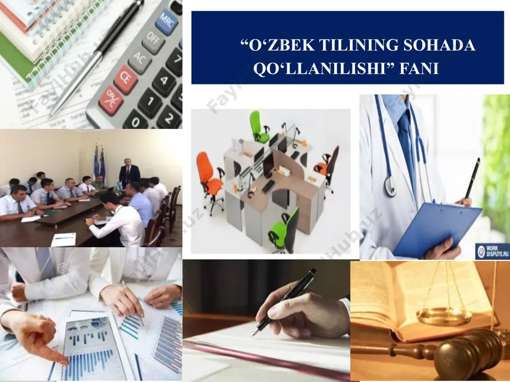 kasi prezidentining 2019-yil 21-oktabrdagi “o‘zbek tilining davlat tili sifatidagi nufuzi va mavqeyini tubdan oshirish chora-tadbirlari to‘g‘risida”gi pq-5850- son qarori. o‘zbekiston respublikasi prezidentining 2020-yil 29-yanvardagi “o‘zbekiston respublikasi vazirlar mahkamasi huzuridagi atamalar komissiyasining faoliyatini tashkil qilish chora-tadbirlari to‘g‘risida”gi pq-40 son qarori. o‘zbek tilining izohli lug‘ati (5 jildli). – toshkent: o‘zbekiston milliy ensiklopediyasi, 2005–2008. internet saytlari www.ziyo-net.uz www.kutubxona.uz www.philology.ru 5 09/03/2021 5 6 “o‘zbek tilining sohada qo‘llanilishi” fani talabalarni mamlakatimiz ijtimoiy hayotining barcha sohalarida davlat tilining imkoniyatlaridan to‘liq va to‘g‘ri foydalanishga oid masalalar, davlat tili haqidagi hujjatlar va ularning mazmun mohiyati; o‘zbek adabiy tili me’yorlari, oʻzbek-lotin alifbosining imlo qoidalari, sohaviy leksika va uning xususiyatlari, o‘zbek tilida soha terminlarining qo‘llanilishi, nutq uslublari, sohalarda rasmiy-idoraviy ish hujjatlarining yuritilishi, ularning turlari; mutaxassis nutqining kommunikativ sifatlari hamda ilmiy tadqiqot olib borish masalalari bo‘yicha zaruriy bilimlar bilan qurollantiradi. “o‘zbek tilining sohada qo‘llanilishi” fani 7 fanni o‘qitishdan maqsad talabalarning o‘zbek tilida sohalar bo‘yicha nutqiy kompetentligini oshirish; og‘zaki va yozma …