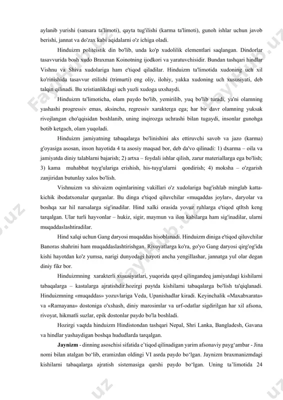 ashagan hindis-tonning yarim afsonaviy hukmdori manu qonunlarida mustahkamlangan. braxmanlikdagi ruhning ko‘chib o‘tish ta'limoti hindistonning deyarli barcha din va falsafalariga ta'sir etgan. hinduiylik. eramizdan avvalgi vi asrda hindistonda keyinchalik jahon dinlaridan biriga aylangan buddaviylik vujudga keldi. u braxmanlikdagi bir necha elementlarni qabul qilgan bo‘lsa-da, kasta ta'limotini inkor etdi. o‘sha davrda hindistondagi kasta tuzumini saqlab qolishga, braxmanlik dinini isloh qilib, qayta tiklashga harakat boshlandi. bu harakat braxmanlik bilan buddaviylik o‘rtasidagi kurashni ifodalovchi hinduiylik edi. hinduiylik ko‘pxudolik dini bo‘lib, unda braxmanlikning asosan uchta xudosi tan olinadi; 1) koinotning yaratuvchisi bo‘lgan braxma; 2) dunyo nizomini ushlab turuvchi vishnu; 3) koinotni halok qilish qudratiga ega shiva. hinduiylik ta'limotiga ko‘ra olam, hayotning barcha shaklini braxma yaratgan. biroq braxma bu dinda uch xudoning nomigagina boshlig‘i. hozir braxmaga sig‘inish deyarli yo‘q. hinduiylar asosan vishnu va shivaga sig‘inadilar, ularga atab qurbonliklar keltiradilar. hinduiylikda jannat va do‘zax haqidagi tushunchalar ham mavjud. ular marhumlarni gang daryosi sohillarida kuydirib, kulini suvga oqizadilar. …
