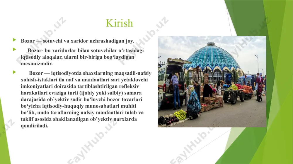 tlarini topish va umum tendensiyalarini o‘rganib shu hodisalarni rivojlanishining kelajagini ko‘rsatib berishdir. bozor kon’yunkturasini iqtisodiy tenglikka yo‘likmaslik, muvozanatiga erishish sharti hisoblanadi. bozor kon’yunkturasini prognoz qilish uslublarini 4 ta katta sinfga bo‘lishimiz mumkin. 1. faktografik uslublar. bu prognoz qilishning shunday uslubiki, unda o‘tgan davrda bo‘lib o‘tgan haqiqiy omillardan axborotli asos sifatida foydalaniladi. bu ma’lumotlar miqdor va sifat xarakteriga egadir. bozor kon’yunkturasini prognoz qilishning faktografik uslublari o‘z navbatida 3 turga bo‘linadi. birinchi turi ekstropolyasiya va interpolyasiya uslublari yig‘indisidan iborat bo‘lib, bu turdagi modellar uchun chiziqli funksiyalarni tuzishda boshlang‘ich axborotdan foydalanish xarakterlidir. ikkinchi turi statistik uslublar bo‘lib, ular ikki va undan ortiq o‘zgaruvchan prognoz qilish ob’ektlarining o‘zaro aloqalarini tadqiq qilishda qo‘llaniladi. uchinchi turi mazkur ob’ektlarning kelgusidagi rivojlanishini shunga o‘xshash ob’ektlarning rivojlanish qonuniyatlari bo‘yicha tadqiq qilishga asoslanadi. 2. ekspert uslublar u yoki bu sohadagi mutaxassis-ekspertlarning fikr va mulohazalarini qayta ishlashga asoslanadi. prognoz qilishning ekspert baholash uslubi intuitiv va analitik uslubni o‘z ichiga oladi. intuitiv …