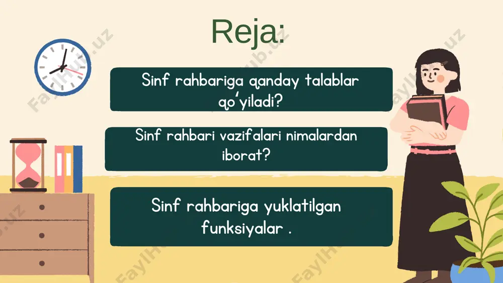 oyaga yetmaganlar oʻrtasida nazoratsizlik va huquqbuzarliklarning profilaktikasi toʻgʻrisidagi qonun hujjatlari ijrosi borasida voyaga yetmaganlarning nazoratsiz va qarovsiz qolishlari, oʻquvchilar oʻrtasida jinoyatchilik va huquqbuzarliklarning oldini olish boʻyicha oʻtkaziladigan "oʻquvchi " " davomat" kabi profilaktik reydlarda hamkorlik qilish. - odob- axloq va ichki tartib- qoidalarga muvofiq muomala va kiyinish madaniyatiga amal qilish, jamoada namunali boʻlish - sinf rahbari qonun hujjatlariga muvofiq boshqa vazifalarni ham bajarishi mumkin. sinf rahbari oʻziga yuklatilgan asosiy vazifalarga muvofiq quyidagi funksiyalarni amalga oshiradi: har tomonlama yetuk, barkamol - maʼnaviy, aqliy , jismoniy rivojlangan shaxs tarbiyasini amalga oshirish , sinf oʻquvchilarining qobiliyatlarini toʻliq namoyon etishlari uchun tegishli shart-sharoitlar yaratish - pedagog va oʻquvchilar jamoasi hamkorligida tarbiyaviy ishlarni tashkil etishda har bir oʻquvchining oʻziga xos xususiyatlariga qarab yondashishni yoʻlga qoʻyish; - ertalabgi saflanishlarda sinf oʻquvchilarining belgilangan tartibda toʻliq ishtirok etishlarini taʼminlash; - biriktirilgan sinf xonasidagi mavjud jihozlarning saqlanishi va ulardan samarali foydalanishni taʼminlash - sinf rahbarlari oʻz faoliytaini oʻquvchilarning yosh …