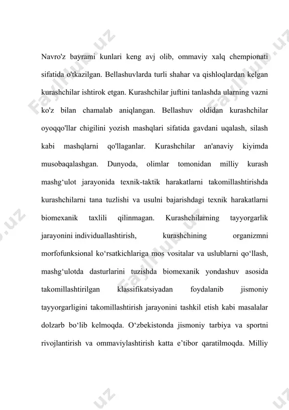 oid noyob yodgorlik sanaladi. shunday ashyolardan biri silindr shaklidagi sopol idish bo'lib, u qadimgi baqtriya (janubiy “o'zbeksiton”) hududidan topilgan. uning bir parchasida ikki kurashchi va ulardan birining o'z raqibini oyog'idan chalayotgani tasvirlangan. yana bir idish gardishidagi haykalchalarda ham pahlavonlarning qo'llarini ko'tarib kurashga shaylanayotgani holda o'z ifodasini topgan. bu idishlar bronza davriga oid bo’lib, u kurashning tarixi yanayam ko'proq, ya'ni 3,5 ming yil ekanligidan guvohlik beradi. navbatdagi topilma bronza davriga oid ikkita ot ta'qasidir. kurash usullari tasvirlangan har ikkala taqa, professor m.p.gryaznovning yozishicha, sak-skif qabilalarining ma'naviy qarashlari ruhida ishlangan bo'lib, ko'chmanchilik davrining dastlabki bosqichlariga oiddir.milodiy birinchi ming yillikning o'rtalariga oid kumush cho'mich gardishi sirtida ham ikki pahlavonning kurashichimizga xos olishayotgan holati tasvirlangan. samarqand yaqinidagi chelak qishlog'idan topilgan ashyolar ham o'tmishdan sado beradi. geometrik naqshlar solingan ushbu idishlar orasida kumush bastali qadoqcha, ayniqsa, e'tiborni tortadi. uning dastasi sirtida ikki polvon xuddi o'zbek kurashi usulida olishayotgani ifodalangan. mazkur topilma ilk o'rta asrlar davriga …