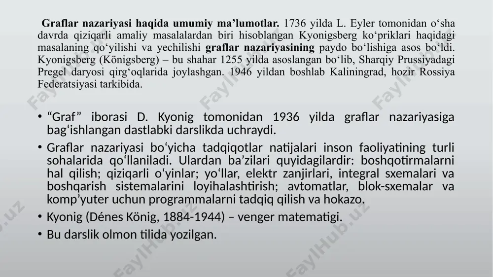 09, akbaraliyev b.b., yusupova z.dj. , “ma‟lumotlar tuzilmasi va algoritmlar”, toshkent 2013 toirov sh.a., raximov r.t., karimov m.m ,” “algoritmga kirish” fanidan laboratoriya ishlarini bajarish boʻyicha uslubiy koʻrsatma”, samarqand 2015, xayitmatov oʻ.t., inogomjonov e.e., sharipov b.a., roʻzmetova n., rahimboboeva d,” ma'lumotlar tuzilmasi va algoritmlari”, toshkent – 2011 foydalanilgan saytlar https://kursovik.com/programming/320372.html http://aliev.me/runestone/graphs/primsspanningtreealgorithm.html http://www.hpcc.unn.ru/?dir=836 https://brestprog.by/topics/mst/ http://www.mkurnosov.net/ image1.png image2.png image3.png image4.png image5.png image6.png image7.tmp image8.tmp /docprops/thumbnail.jpeg