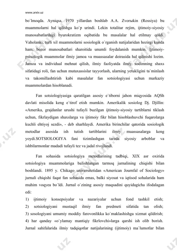 aqil ilmiy fan predmeti sifatida tan olish; 3) sosologiyani umumiy moddiy farovonlikka ko`maklashishga xizmat qildirish; 4) har qanday «o`ylamay mantiqiy fikrlovchi»larga qarshi ish olib borish. jurnal sahifalarida ilmiy tadqiqotlar natijalarining (ijtimoiy) ma`lumotlar bilan muntazam tarzda bayon etishi, ilmiy yo`nalishlarning xarakteri, mohiyati, taqrizi, nashrlar tahlili, himoya qilingan ishlar bo`yicha sharh berilishi, fan sotsiologiyasining keng e`tirof etilishi, jahon miqyosidagi mutaxassis - olimlarning diqqat e`tiborlarini o`ziga jalb qilib kelmoqda. fan davr talabi bo`yicha innovasion loyiha joriy qilishi kerak ekan, avvalambor, fan sotsiologiyasi o`zining ijtimoiy ma`lumotlari bilan birinchilar qatorida qatnashmoіi lozim. raqobatbardosh yuqori sifatli texnologiya asosida mahsulotlar marketingi, shuningdek, ilmiy muassasa, jamoa, intellektual ilmiy muhitning qulay variantlari, bandlik, «ishchi» o`rinlar muammolari va h.k. masalalar bilan xalqaro miqyosda ish olib borishi kerak. fan va innovasiya faoliyatining samarasi uchta komponent - tarkibiy qismdan iborat: fan, ishlab chiqarish va bozor. fan va ishlab chiqarish bir-birlari bilan yaqin murosa qilmasalar, ular o`rtasidagi aloqa tezkor tarzda bo`lmasa, byurokratiya qulfi …