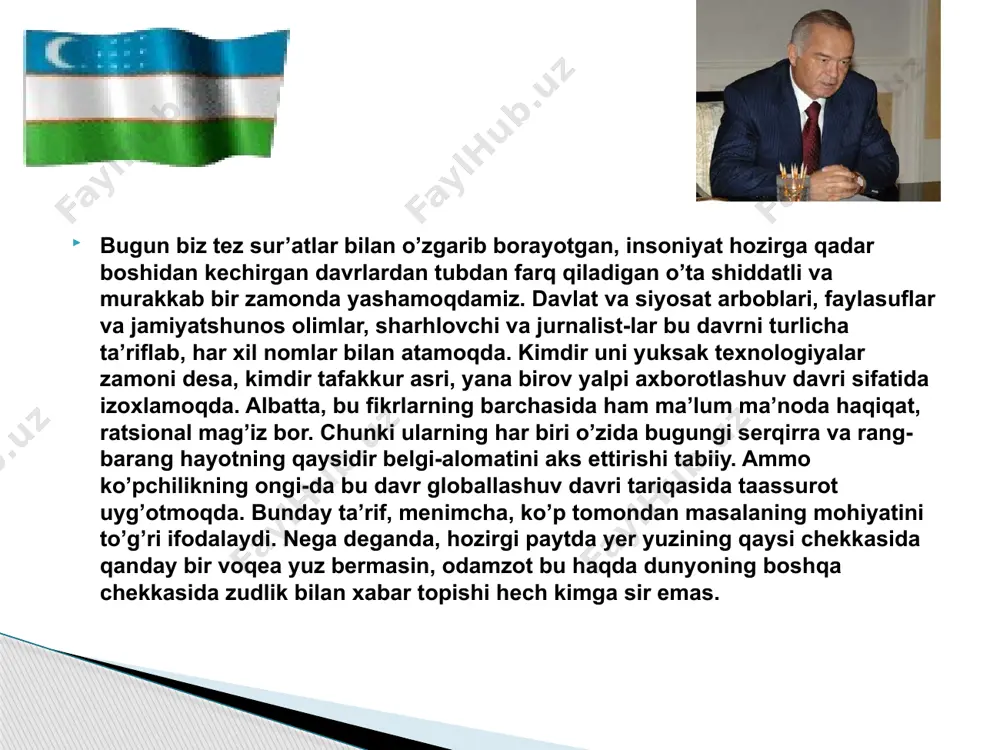 o’g’ri tushuntirish, uni turli g’arazli bo’htonlardan himoya qilish dolzarb vazifa. islom dini va diniy aqidaparastlik. din niqobida faoliyat yuritib yoshlarni yo’ldan urayotgan mutaassiblarning ma’naviyatimizga tajovuzlari. mahalla – insonni jamiyat bilan uyg’unlashtiradigan hamda shu ruhda tarbiyalaydigan eng katta sahovatli go’sha va beqiyos vatan ekanligi. “mahalla – ham ota, ham ona”. mustaqillik sharofati tufayli qo’shnichilik va mahallachilik an’analarining yangi ruhda shakllanganligi. mahallaning konstituttsion maqomga egaligi. mahalla “kuchli davlatdan – kuchli jamiyat sari” tamoyilining amaliy ifodasi. mahalla - tarbiya maktabi. muxtasar aytganda ta’lim-tarbiya inson kamoloti va millat ravnaqining asosiy sharti va garovi.ta’lim–tarbiya davlat va jamiyat nazoratidagi umummilliy masaladir. ta’lim–tarbiyaning asosiy maqsadi va vazifasi komil inson tarbiyasidir. ta’lim va tarbiya ajratib bo’lmaydigan uyg’unlikdir. “kadrlar tayyorlash milliy dasturi” va “maktab ta’limini rivojlantirish umummilliy dasturi” ta’lim jarayoni mazmunini tubdan takomillashtirishga xizmat qiladi. ta’limni insonparvarlashtirishning markaziy masalasi yoshlarda or-nomusni, vatan va xalq oldidagi mas’uliyatni, yuksak axloq va fuqarolik sifatlarini shakllantirishdan hamda ma’naviy-ruhiy fazilatlarni singdirishdan iborat. jamiyat ma’naviyatini …